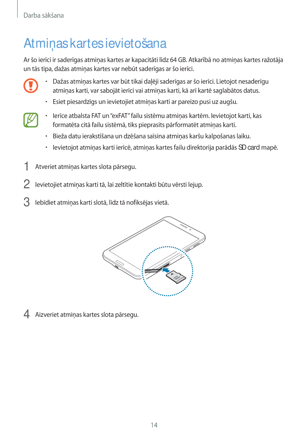 Samsung SM-T235NYKASEB, SM-T235NZWASEB manual Atmiņas kartes ievietošana 