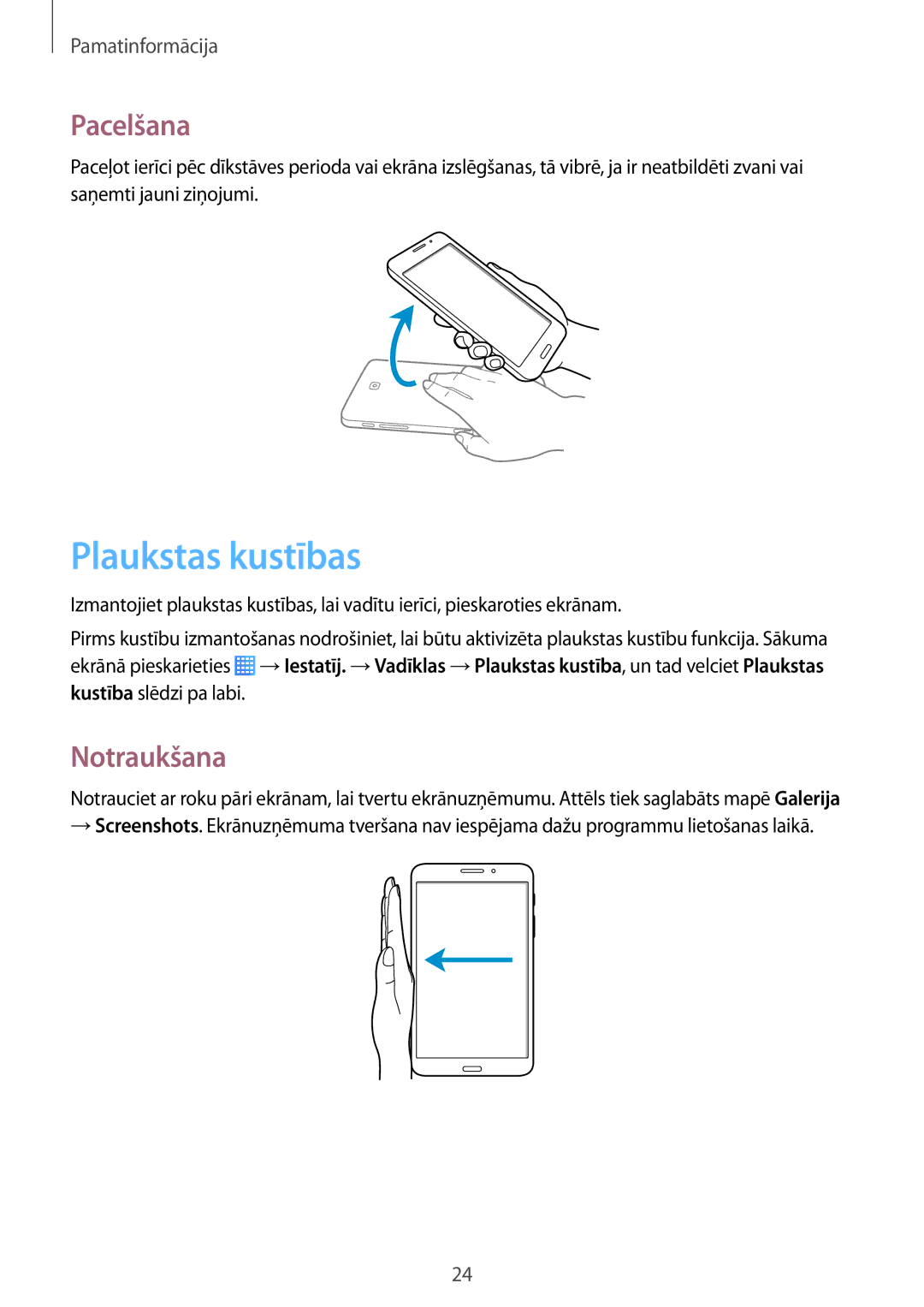 Samsung SM-T235NYKASEB, SM-T235NZWASEB manual Plaukstas kustības, Pacelšana, Notraukšana 