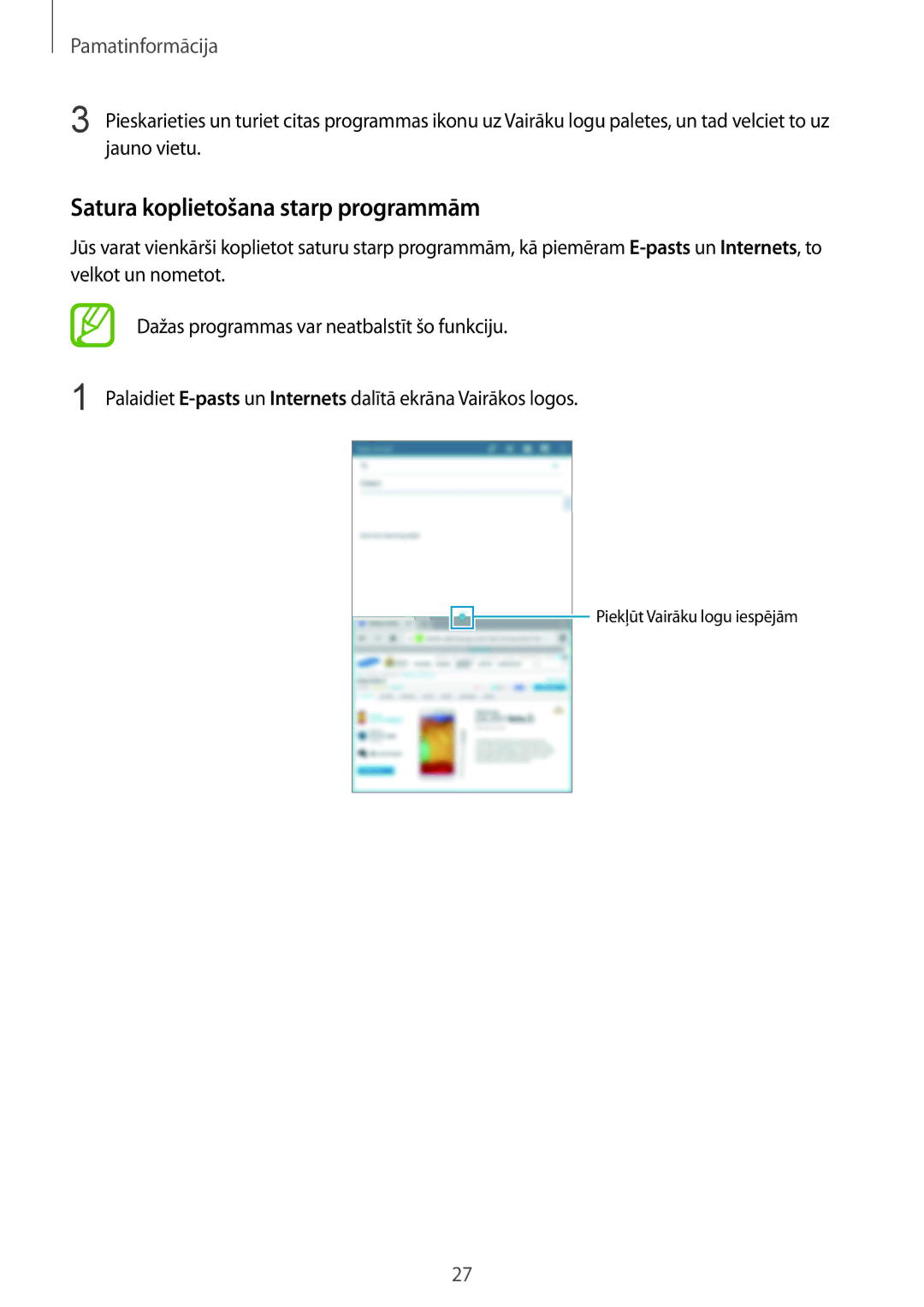 Samsung SM-T235NZWASEB, SM-T235NYKASEB manual Satura koplietošana starp programmām 