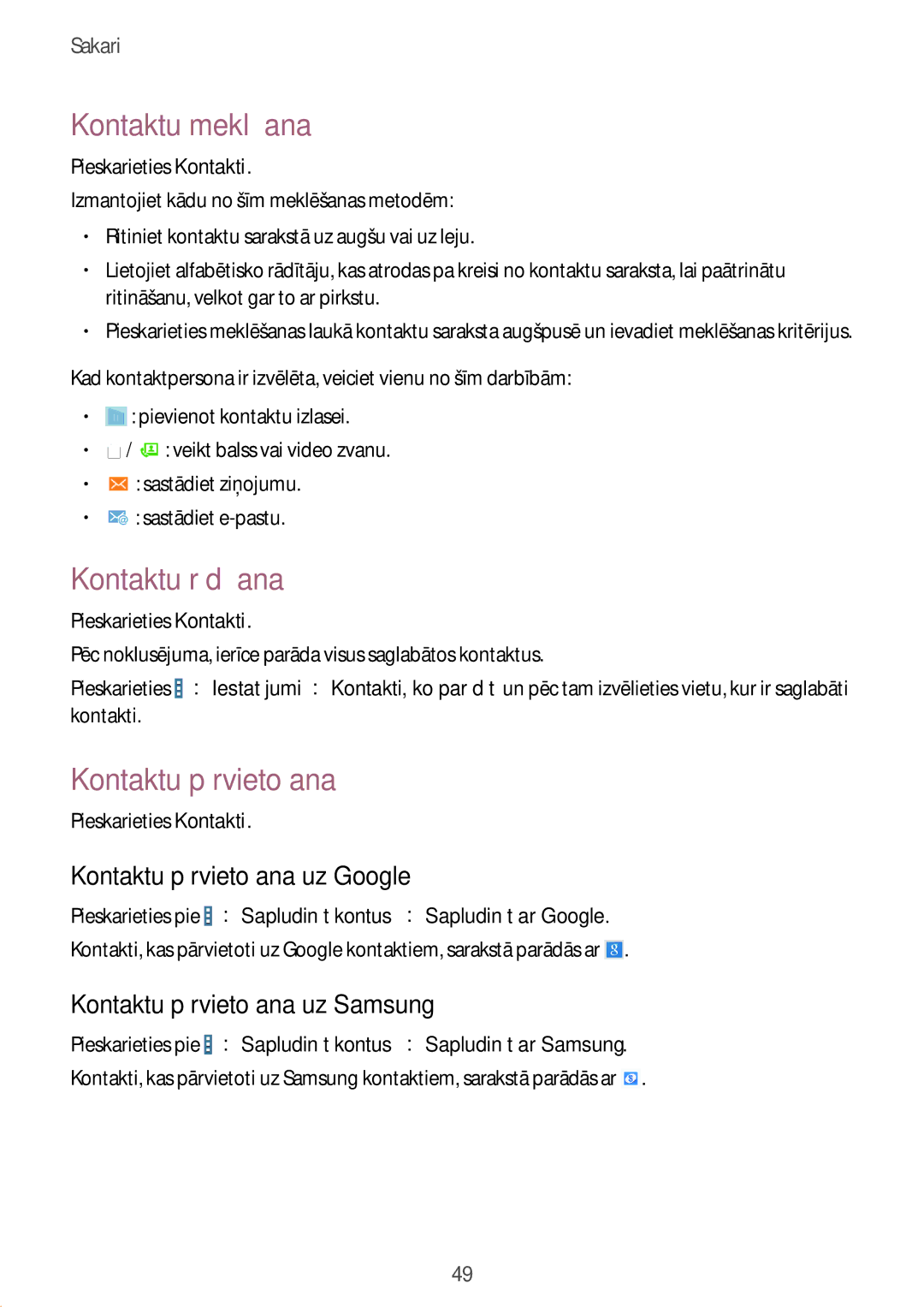 Samsung SM-T235NZWASEB, SM-T235NYKASEB manual Kontaktu meklēšana, Kontaktu rādīšana, Kontaktu pārvietošana uz Google 