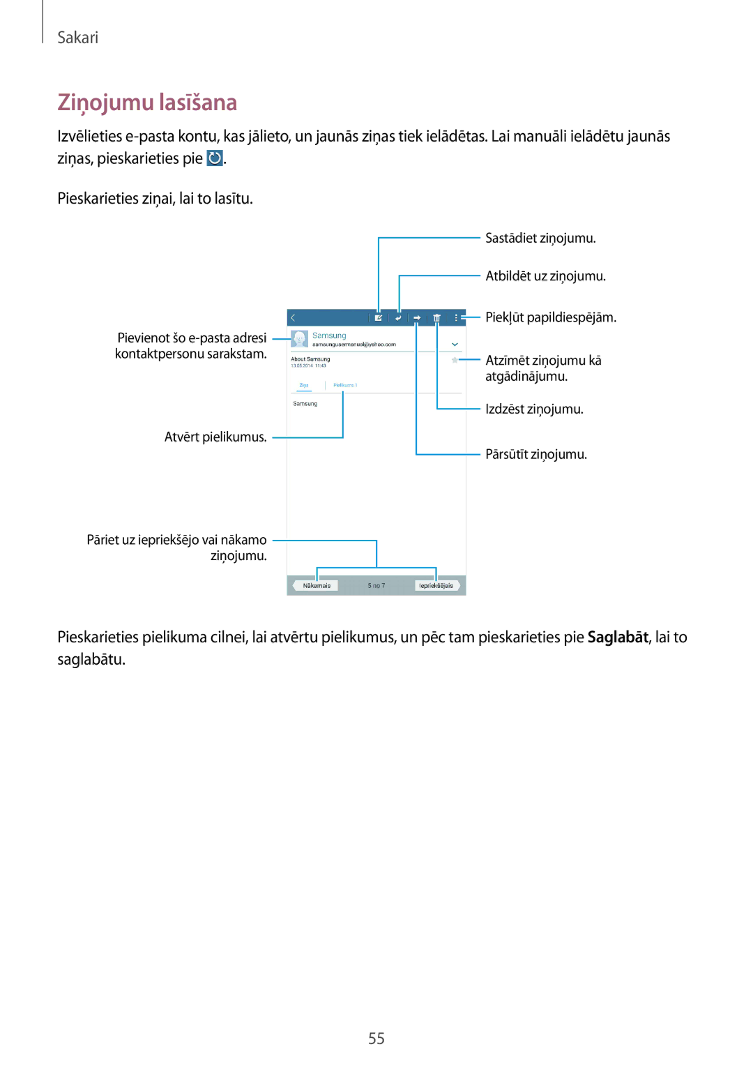 Samsung SM-T235NZWASEB, SM-T235NYKASEB manual Ziņojumu lasīšana 