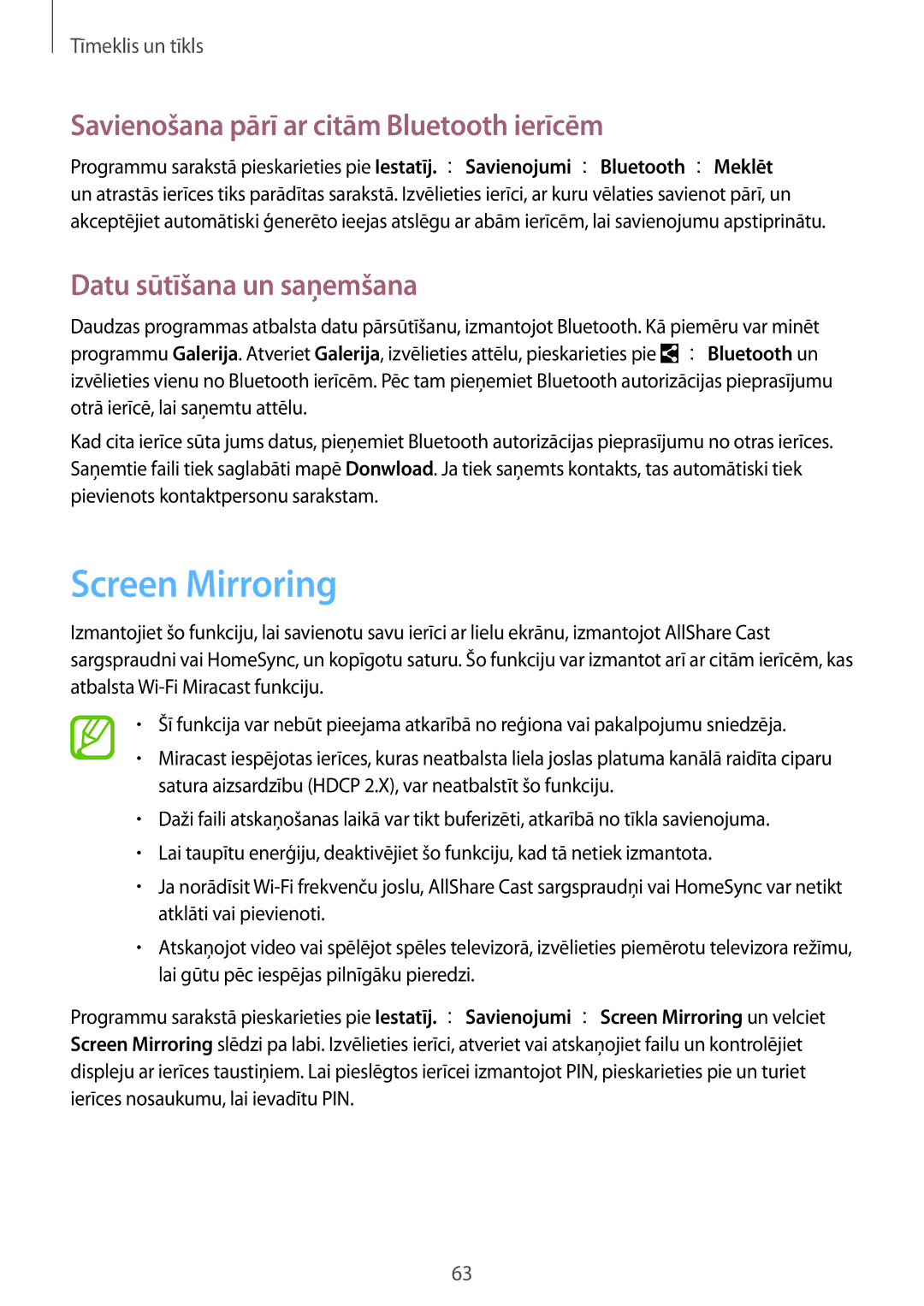 Samsung SM-T235NZWASEB manual Screen Mirroring, Savienošana pārī ar citām Bluetooth ierīcēm, Datu sūtīšana un saņemšana 