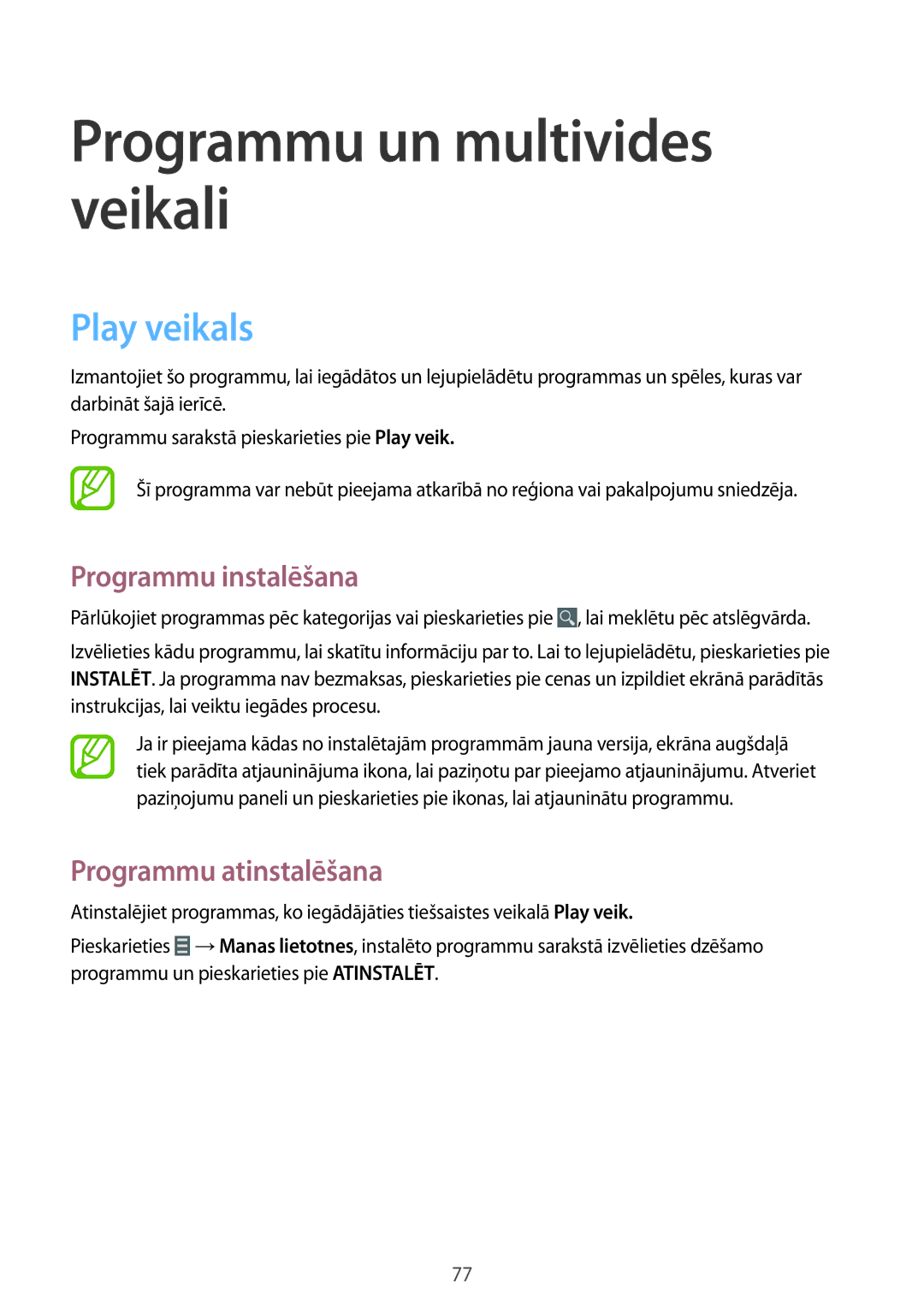 Samsung SM-T235NZWASEB, SM-T235NYKASEB manual Programmu un multivides veikali, Play veikals 