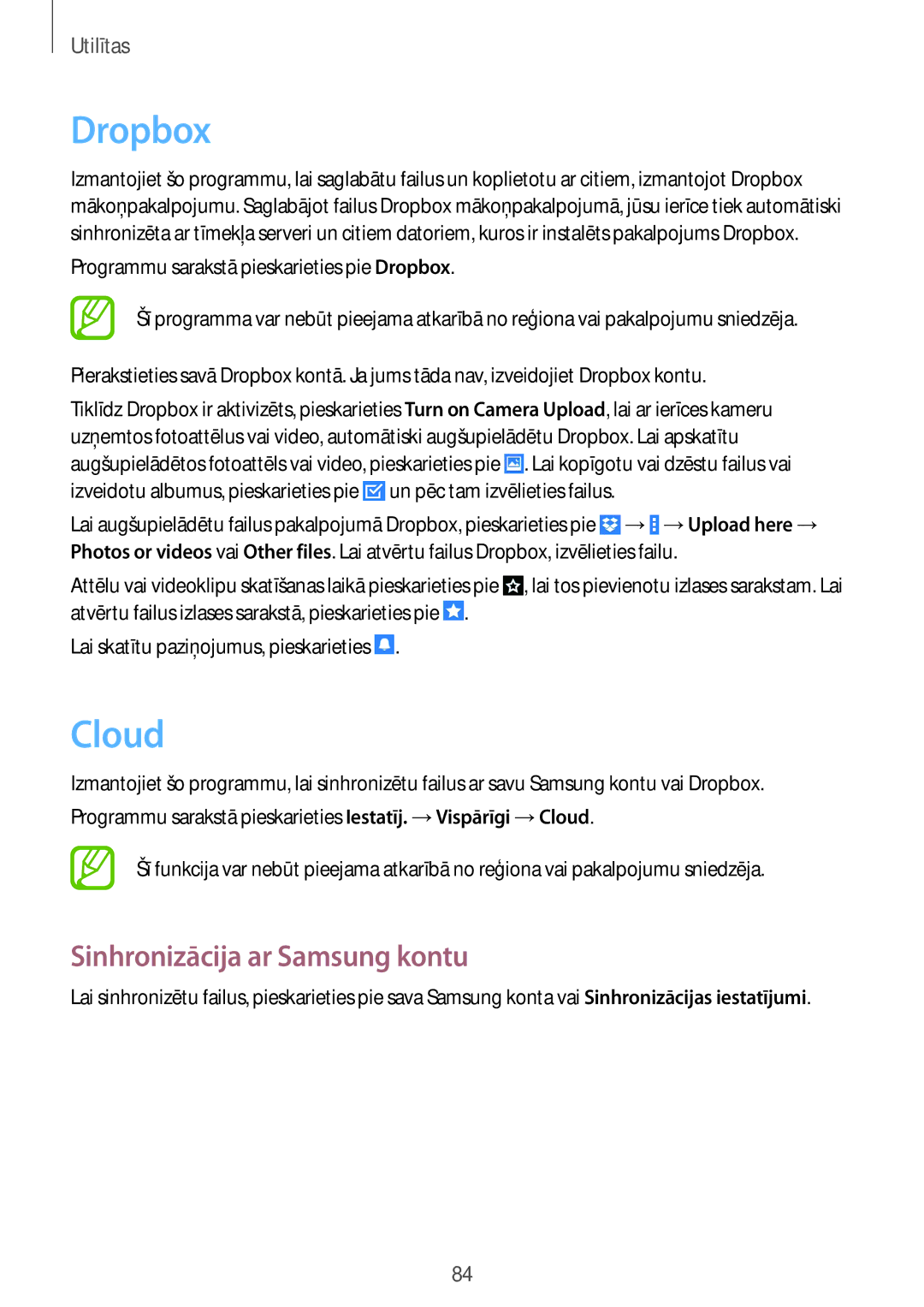 Samsung SM-T235NYKASEB, SM-T235NZWASEB manual Dropbox, Cloud, Sinhronizācija ar Samsung kontu 