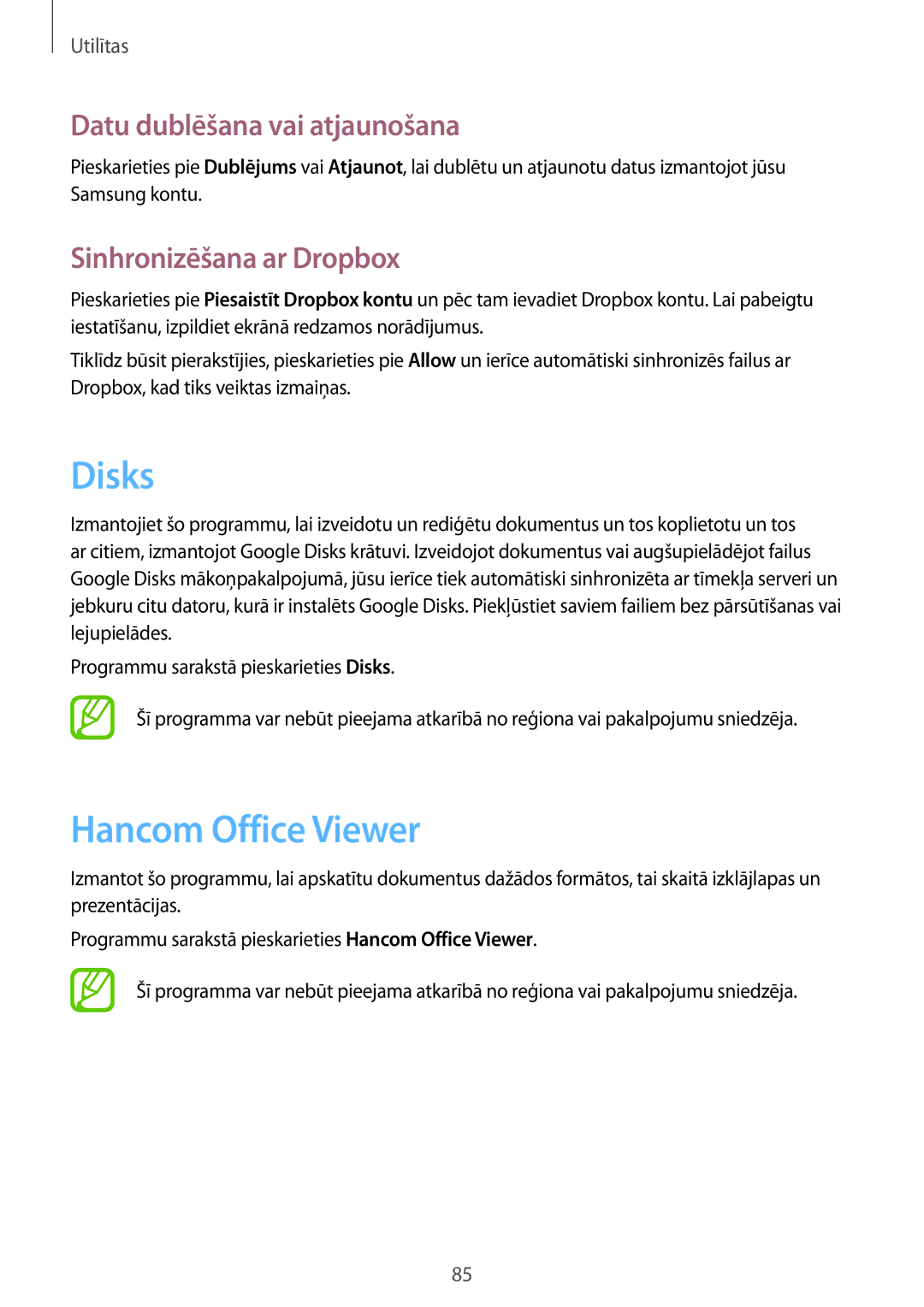Samsung SM-T235NZWASEB manual Disks, Hancom Office Viewer, Datu dublēšana vai atjaunošana, Sinhronizēšana ar Dropbox 