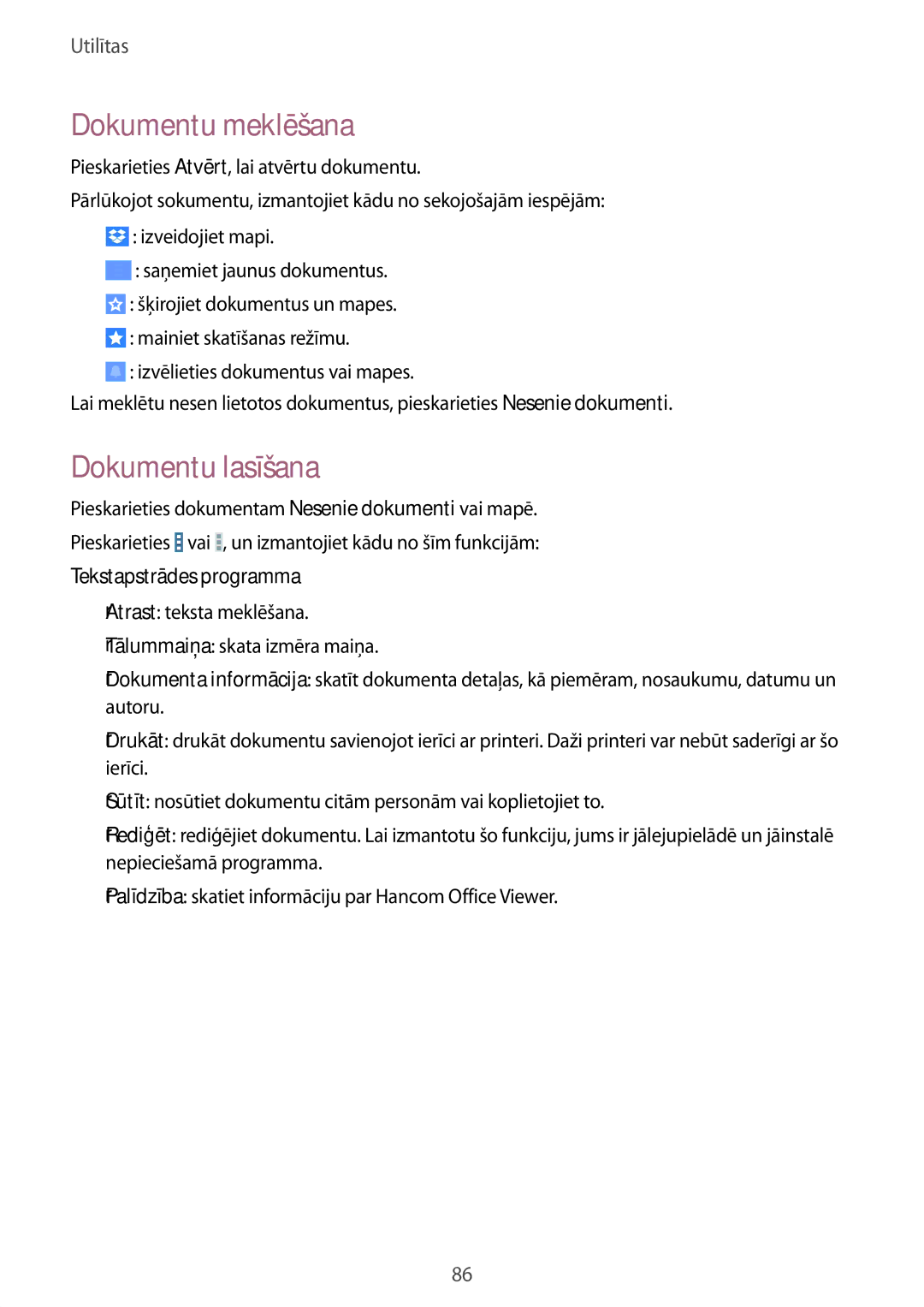 Samsung SM-T235NYKASEB, SM-T235NZWASEB manual Dokumentu meklēšana, Dokumentu lasīšana, Tekstapstrādes programma 
