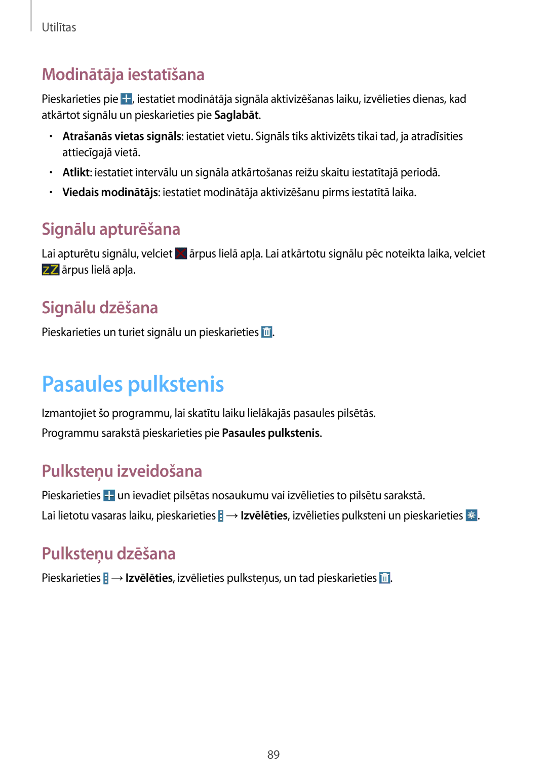 Samsung SM-T235NZWASEB, SM-T235NYKASEB manual Pasaules pulkstenis 