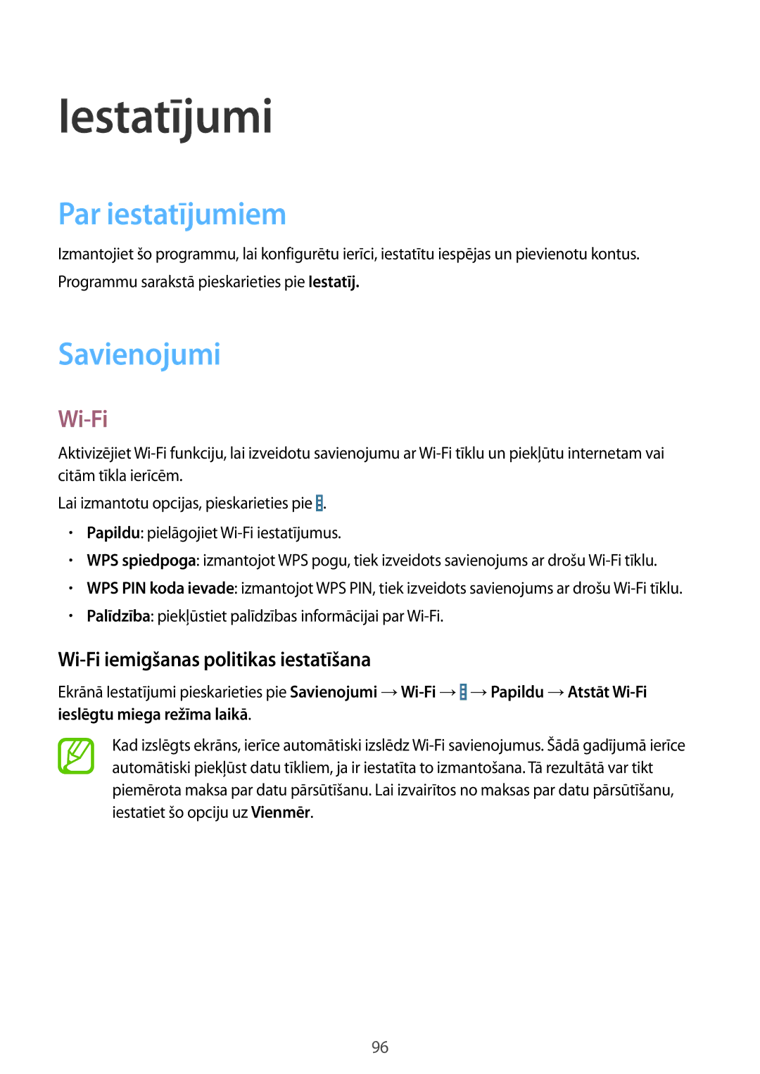 Samsung SM-T235NYKASEB manual Iestatījumi, Par iestatījumiem, Savienojumi, Wi-Fi iemigšanas politikas iestatīšana 