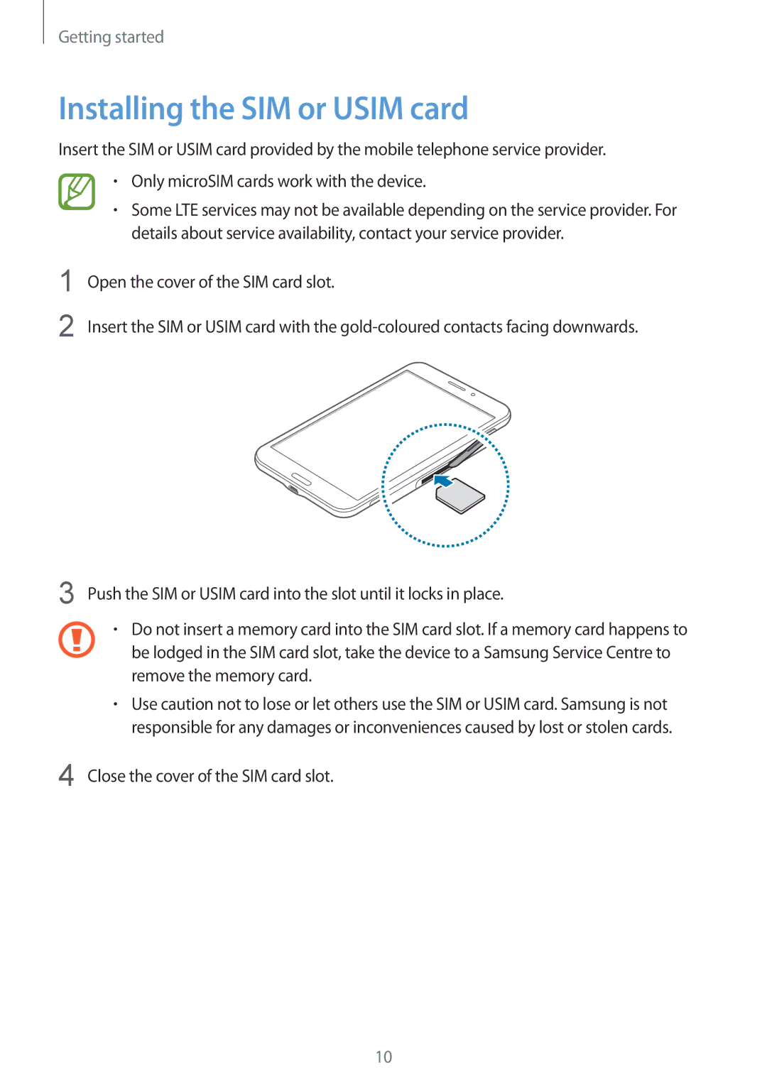 Samsung SM-T235NZWAXEF, SM-T235NZWAATO, SM-T235NYKASEB, SM-T235NZWADBT, SM-T235NYKAATO manual Installing the SIM or Usim card 