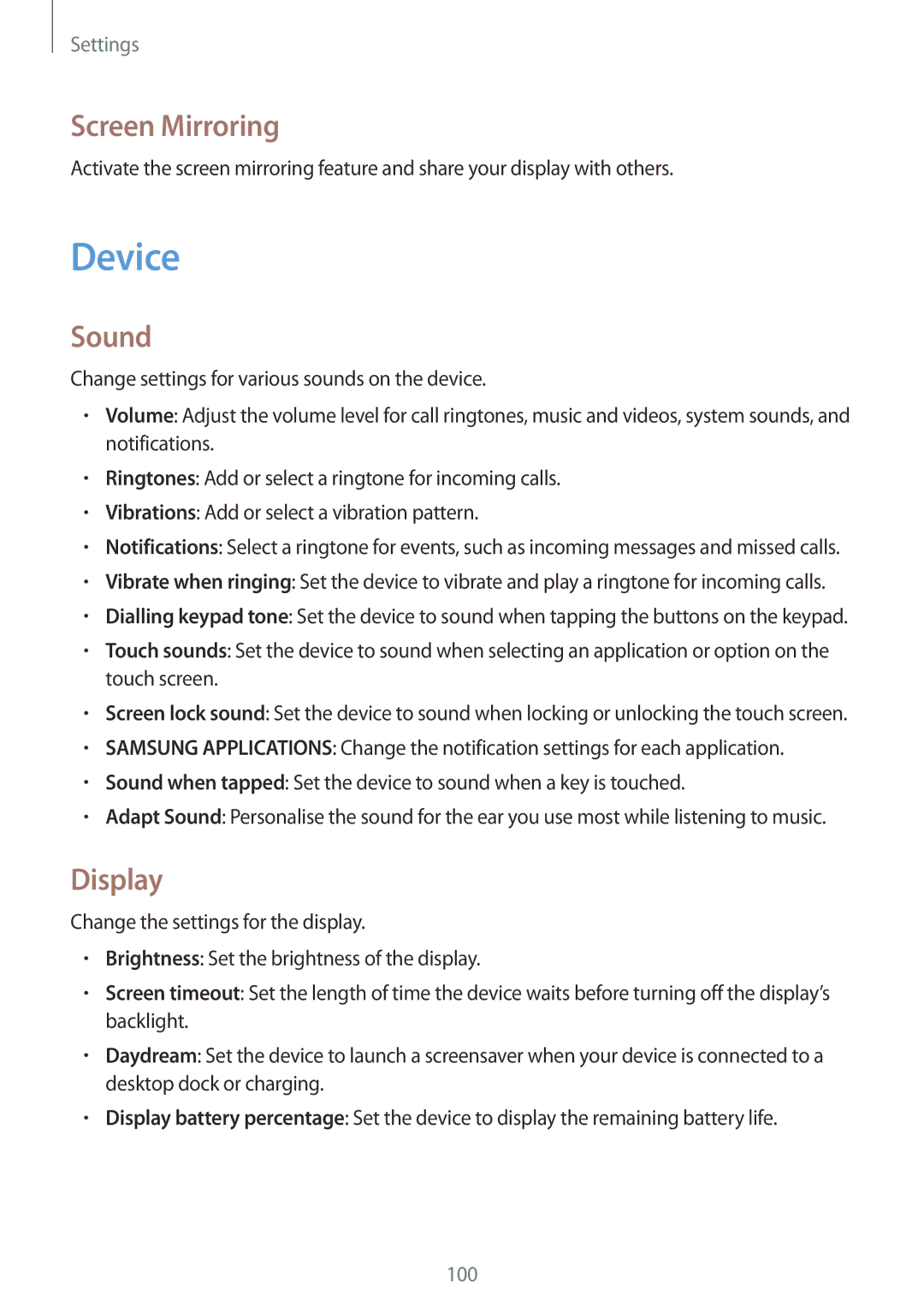 Samsung SM-T235NYKAXEO, SM-T235NZWAATO, SM-T235NYKASEB, SM-T235NZWADBT manual Device, Screen Mirroring, Sound, Display 