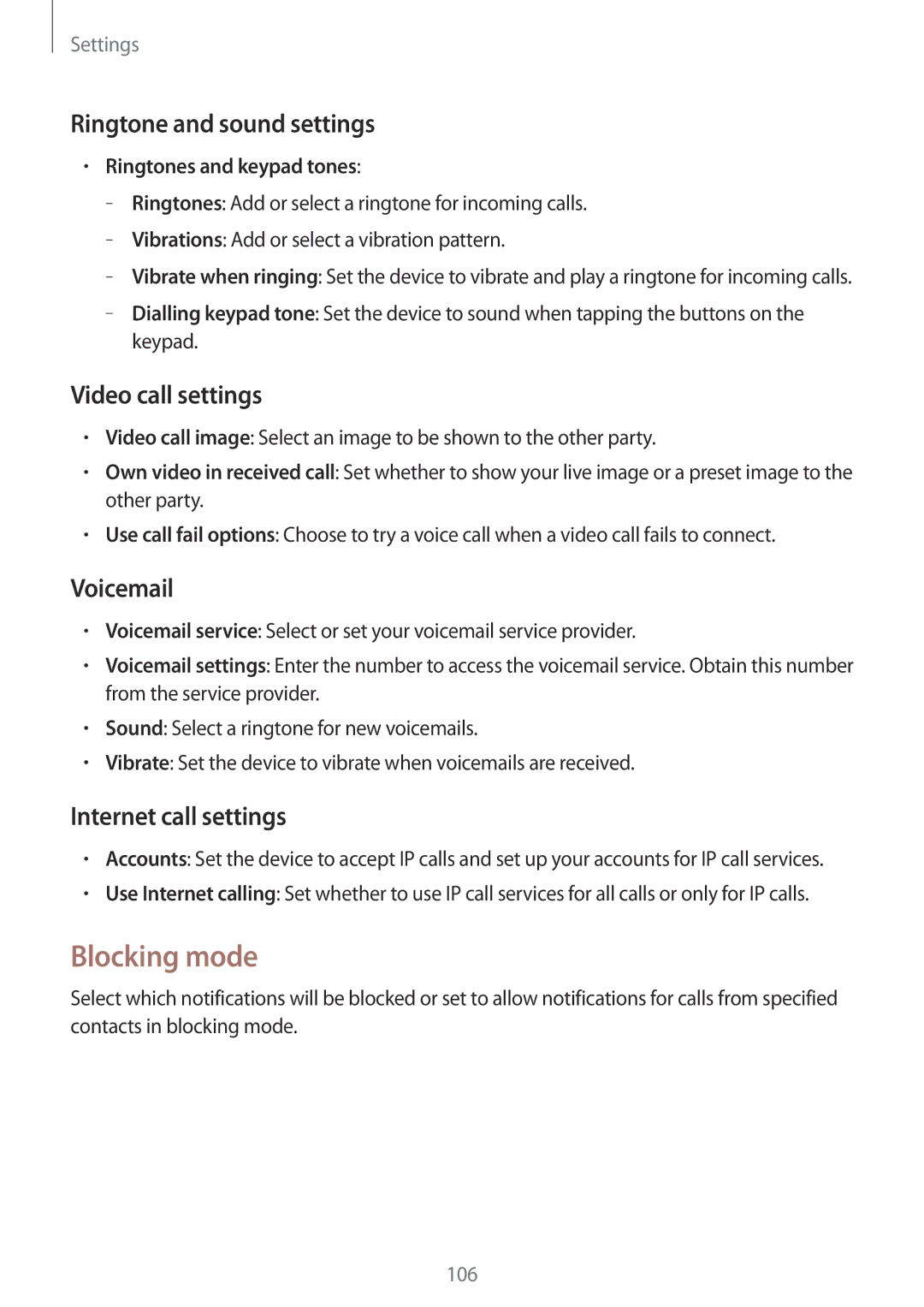 Samsung SM-T235NZWAXEF Blocking mode, Ringtone and sound settings, Video call settings, Voicemail, Internet call settings 