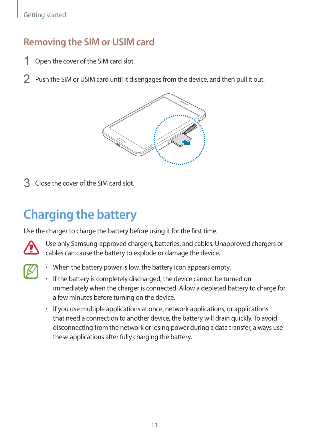 Samsung SM-T235NYKAHUI, SM-T235NZWAATO, SM-T235NYKASEB, SM-T235NZWADBT Charging the battery, Removing the SIM or Usim card 