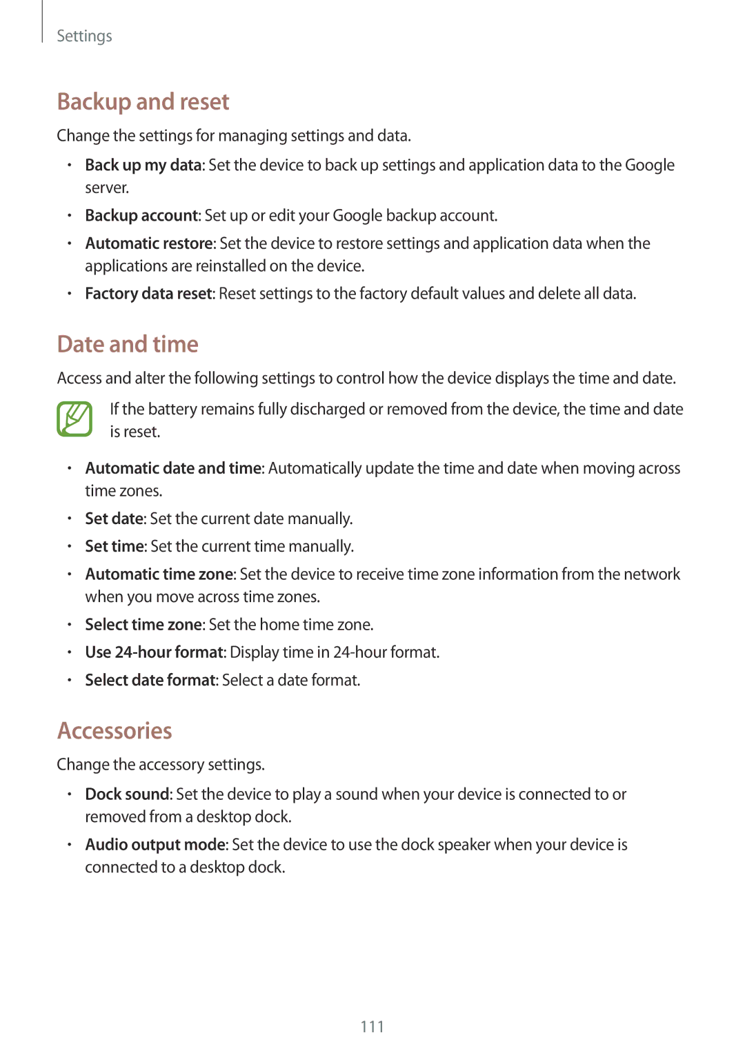 Samsung SM-T235NZWABGL, SM-T235NZWAATO, SM-T235NYKASEB, SM-T235NZWADBT manual Backup and reset, Date and time, Accessories 