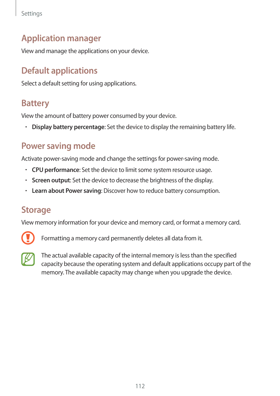 Samsung SM-T235NYKABGL, SM-T235NZWAATO manual Application manager, Default applications, Battery, Power saving mode, Storage 