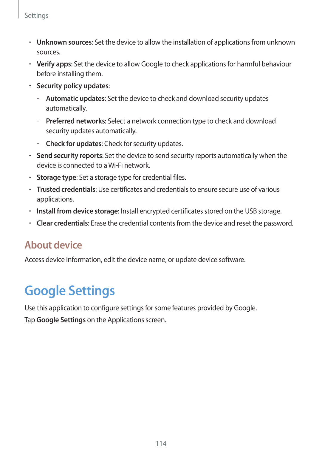 Samsung SM-T235NZWAEUR, SM-T235NZWAATO, SM-T235NYKASEB manual Google Settings, About device, Security policy updates 