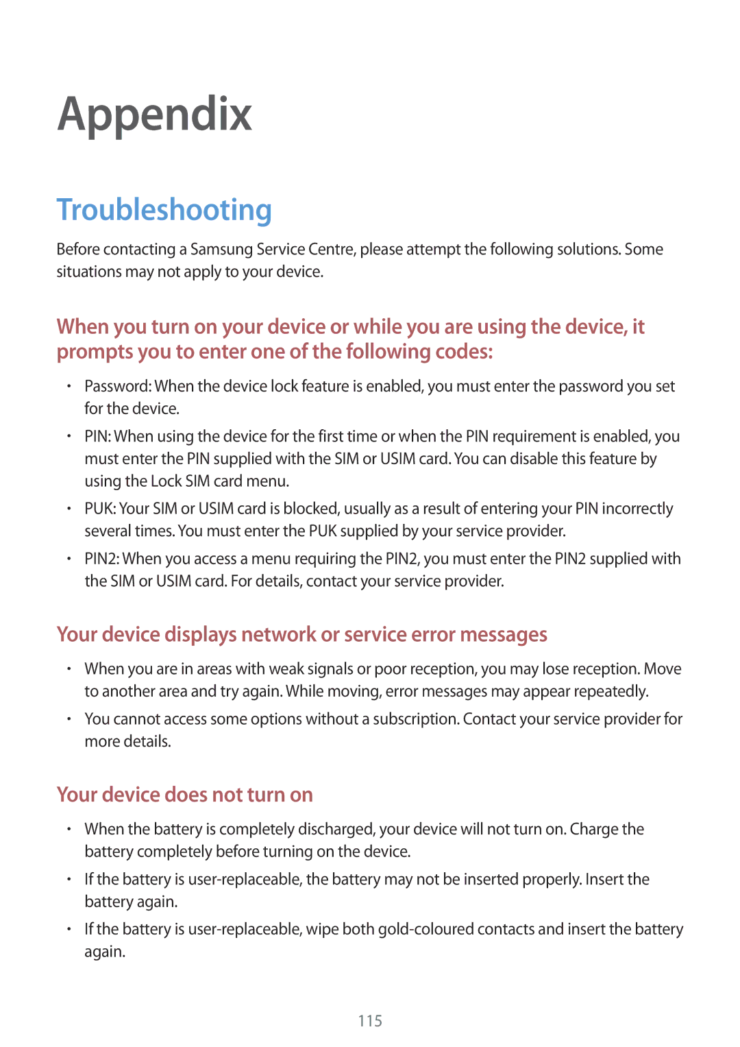 Samsung SM-T235NYKAXEH, SM-T235NZWAATO, SM-T235NYKASEB, SM-T235NZWADBT, SM-T235NYKAATO manual Appendix, Troubleshooting 