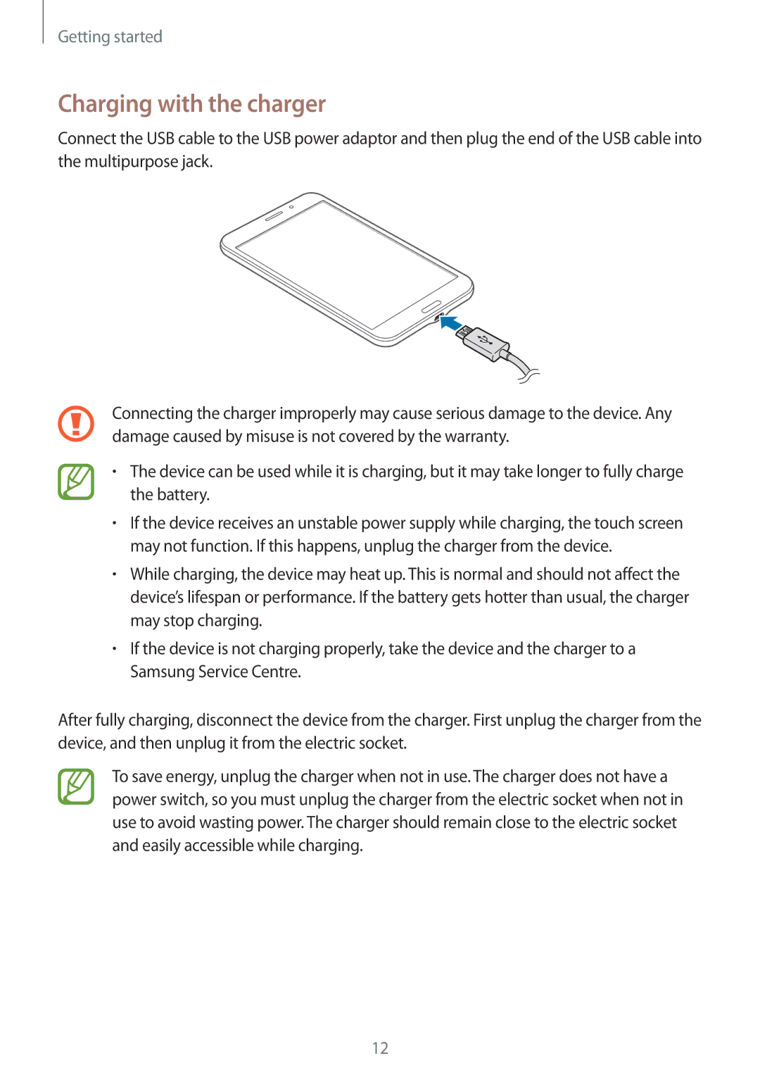 Samsung SM-T235NZWAHUI, SM-T235NZWAATO, SM-T235NYKASEB, SM-T235NZWADBT, SM-T235NYKAATO manual Charging with the charger 