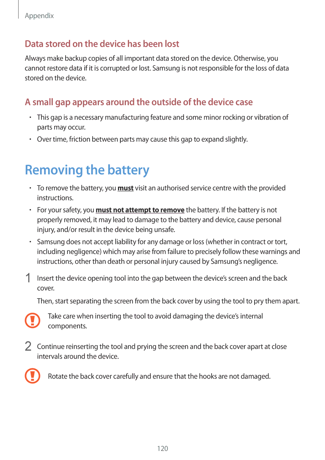 Samsung SM-T235NZWAATO, SM-T235NYKASEB, SM-T235NZWADBT manual Removing the battery, Data stored on the device has been lost 