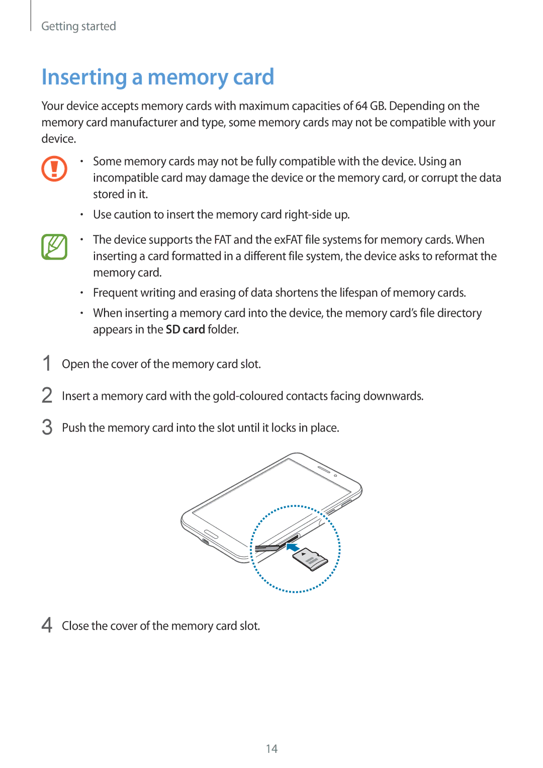 Samsung SM-T235NZWAPHE, SM-T235NZWAATO, SM-T235NYKASEB, SM-T235NZWADBT, SM-T235NYKAATO, SM-T235NYKAXEO Inserting a memory card 