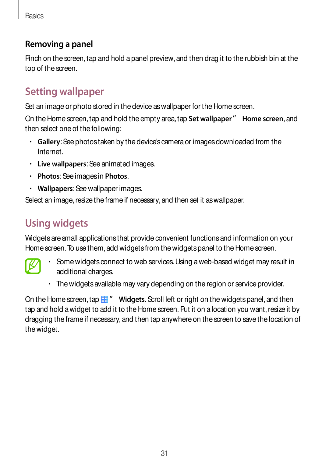 Samsung SM-T235NYKAEUR, SM-T235NZWAATO, SM-T235NYKASEB, SM-T235NZWADBT Setting wallpaper, Using widgets, Removing a panel 