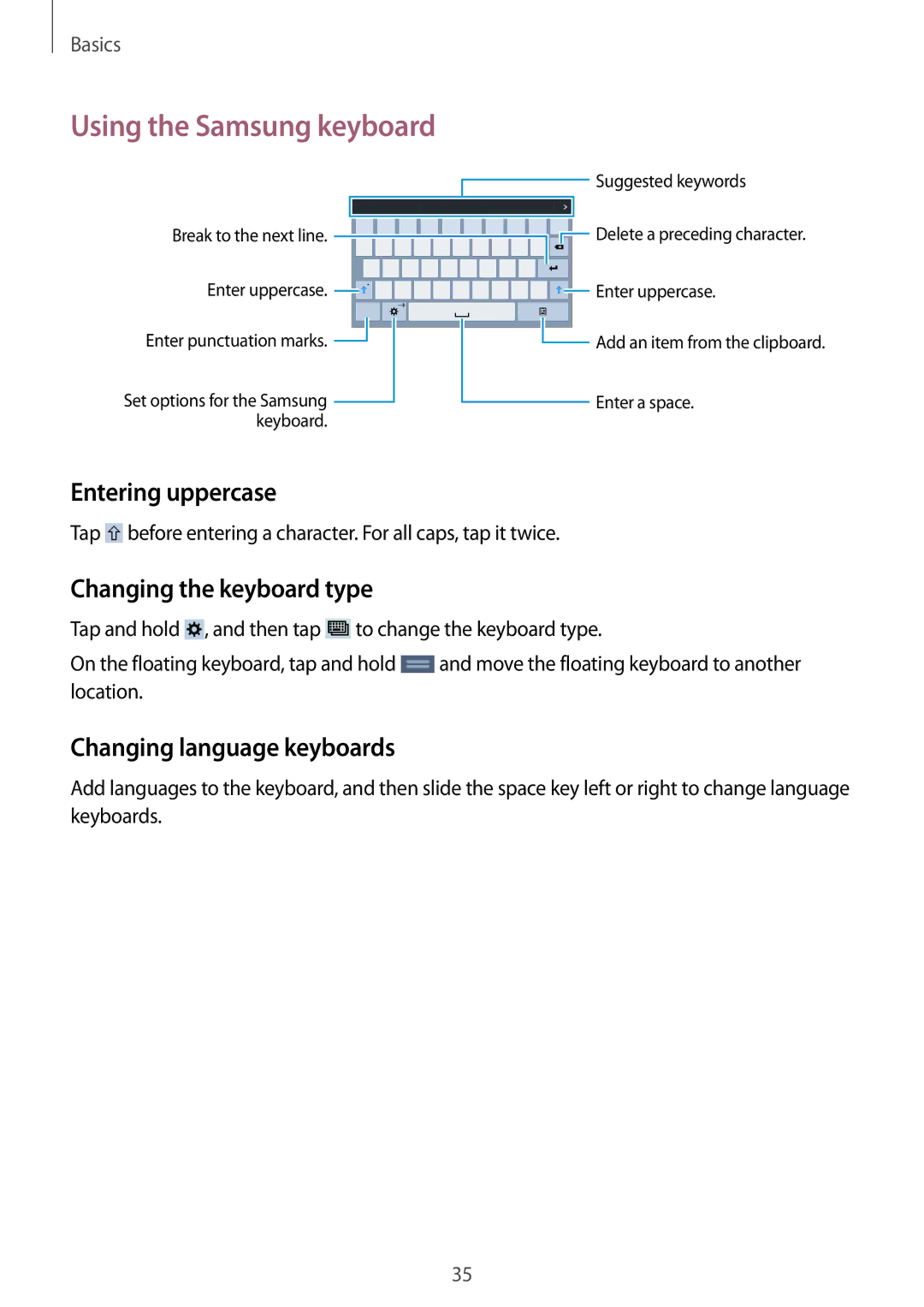 Samsung SM-T235NYKAHUI, SM-T235NZWAATO manual Entering uppercase, Changing the keyboard type, Changing language keyboards 