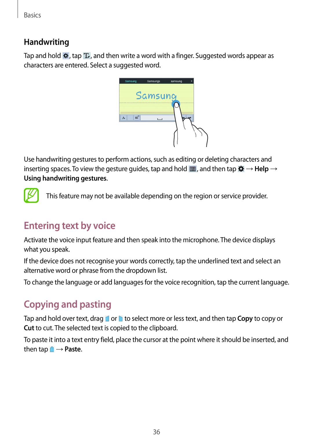 Samsung SM-T235NZWAHUI, SM-T235NZWAATO, SM-T235NYKASEB manual Entering text by voice, Copying and pasting, Handwriting 