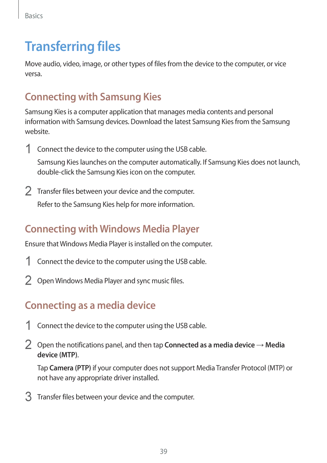 Samsung SM-T235NZWABGL Transferring files, Connecting with Samsung Kies, Connecting with Windows Media Player, Device MTP 