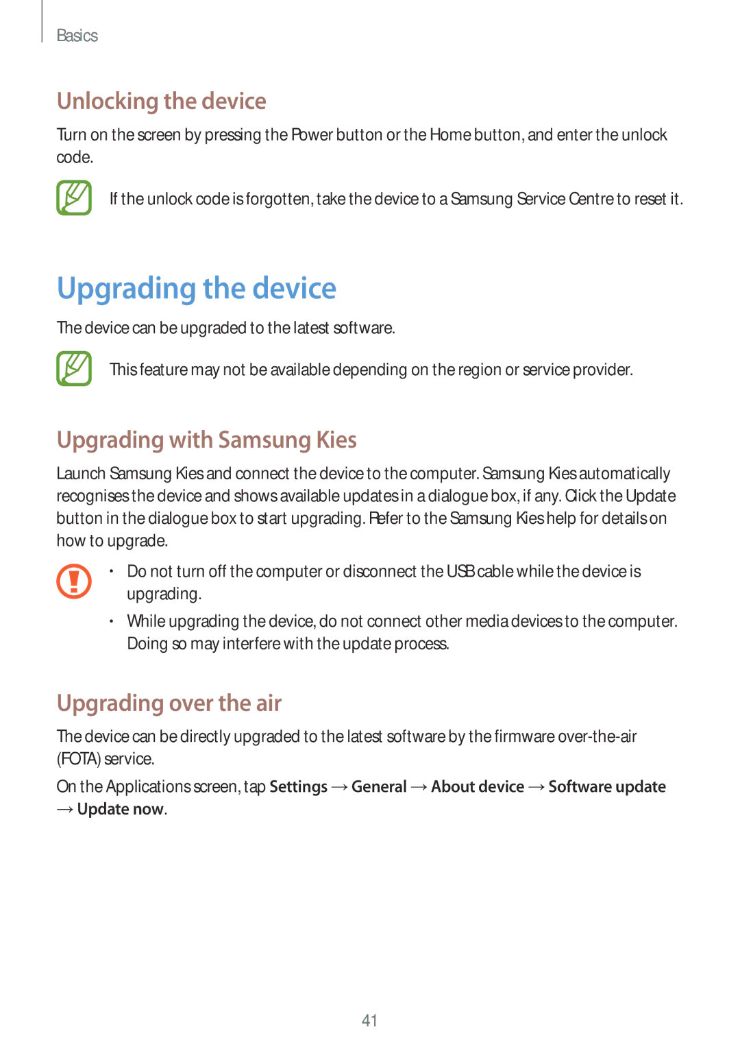 Samsung SM-T235NZWAXEH Upgrading the device, Unlocking the device, Upgrading with Samsung Kies, Upgrading over the air 