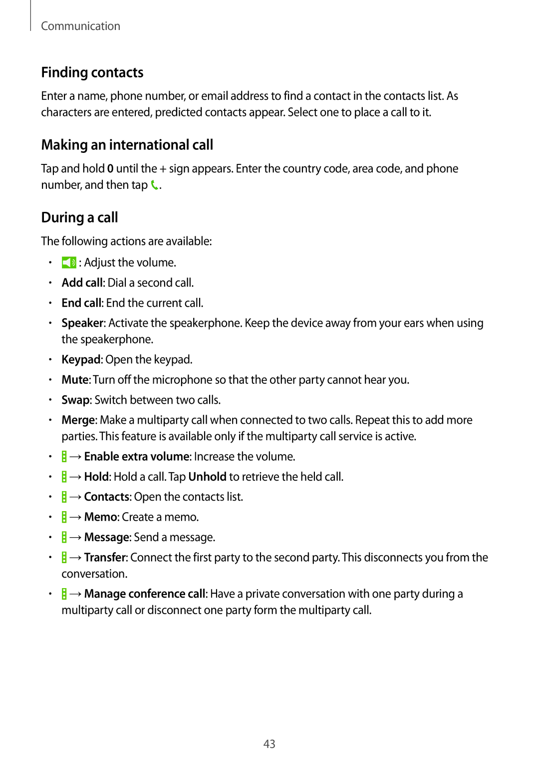 Samsung SM-T235NYKAXEH, SM-T235NZWAATO, SM-T235NYKASEB manual Finding contacts, Making an international call, During a call 