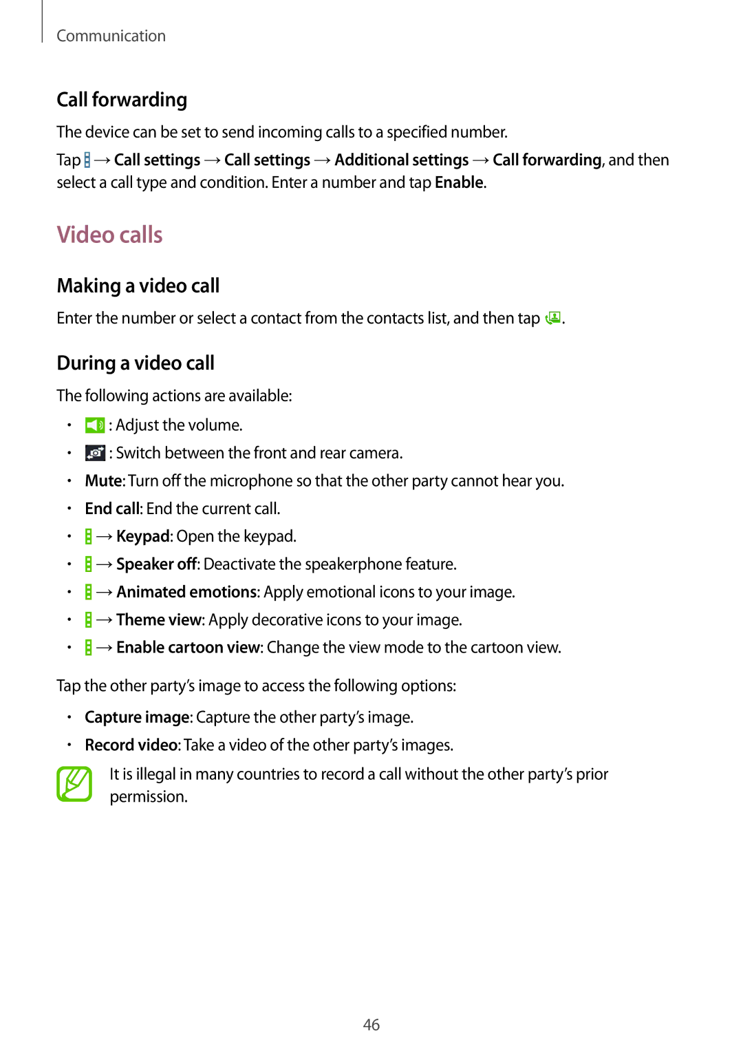 Samsung SM-T235NZWASEB, SM-T235NZWAATO manual Video calls, Call forwarding, Making a video call, During a video call 