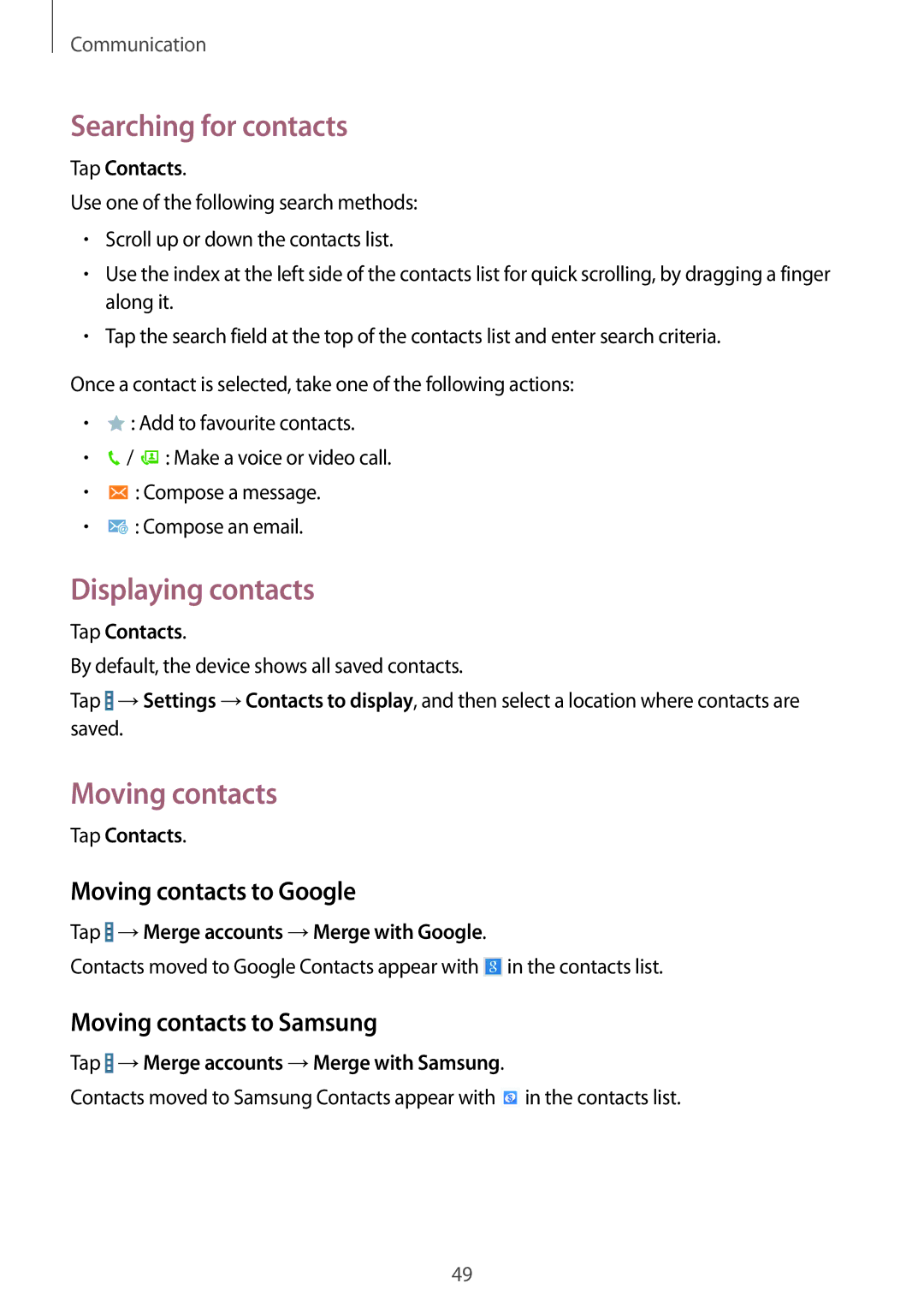 Samsung SM-T235NYKASEB, SM-T235NZWAATO manual Searching for contacts, Displaying contacts, Moving contacts to Google 