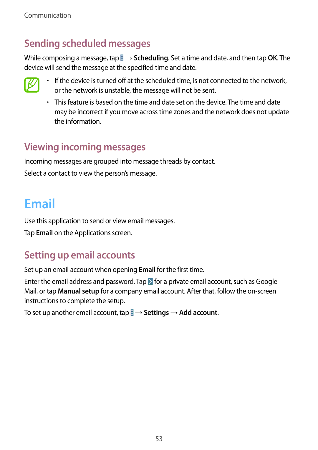 Samsung SM-T235NYKADBT, SM-T235NZWAATO Sending scheduled messages, Viewing incoming messages, Setting up email accounts 