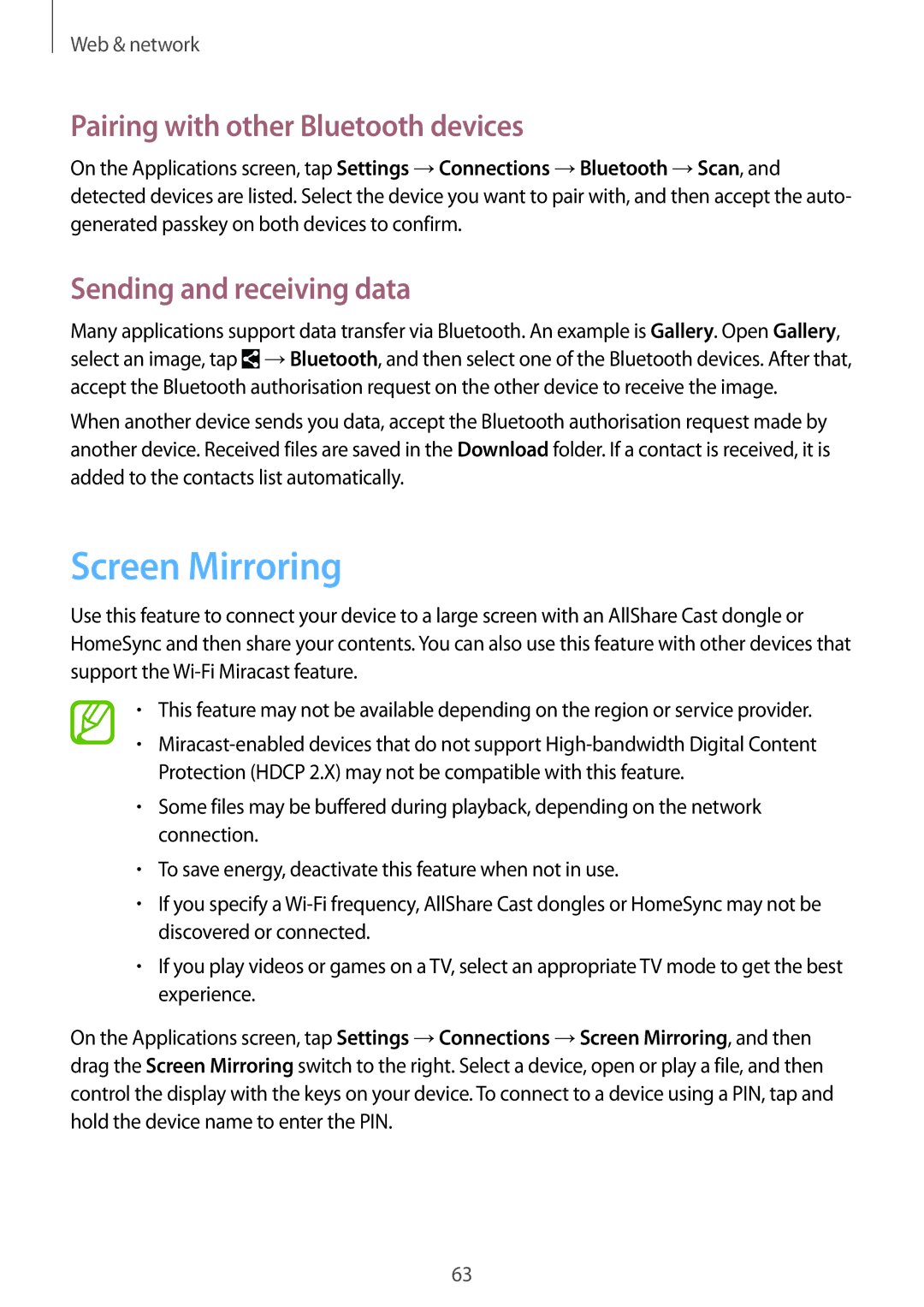 Samsung SM-T235NZWABGL, SM-T235NZWAATO Screen Mirroring, Pairing with other Bluetooth devices, Sending and receiving data 