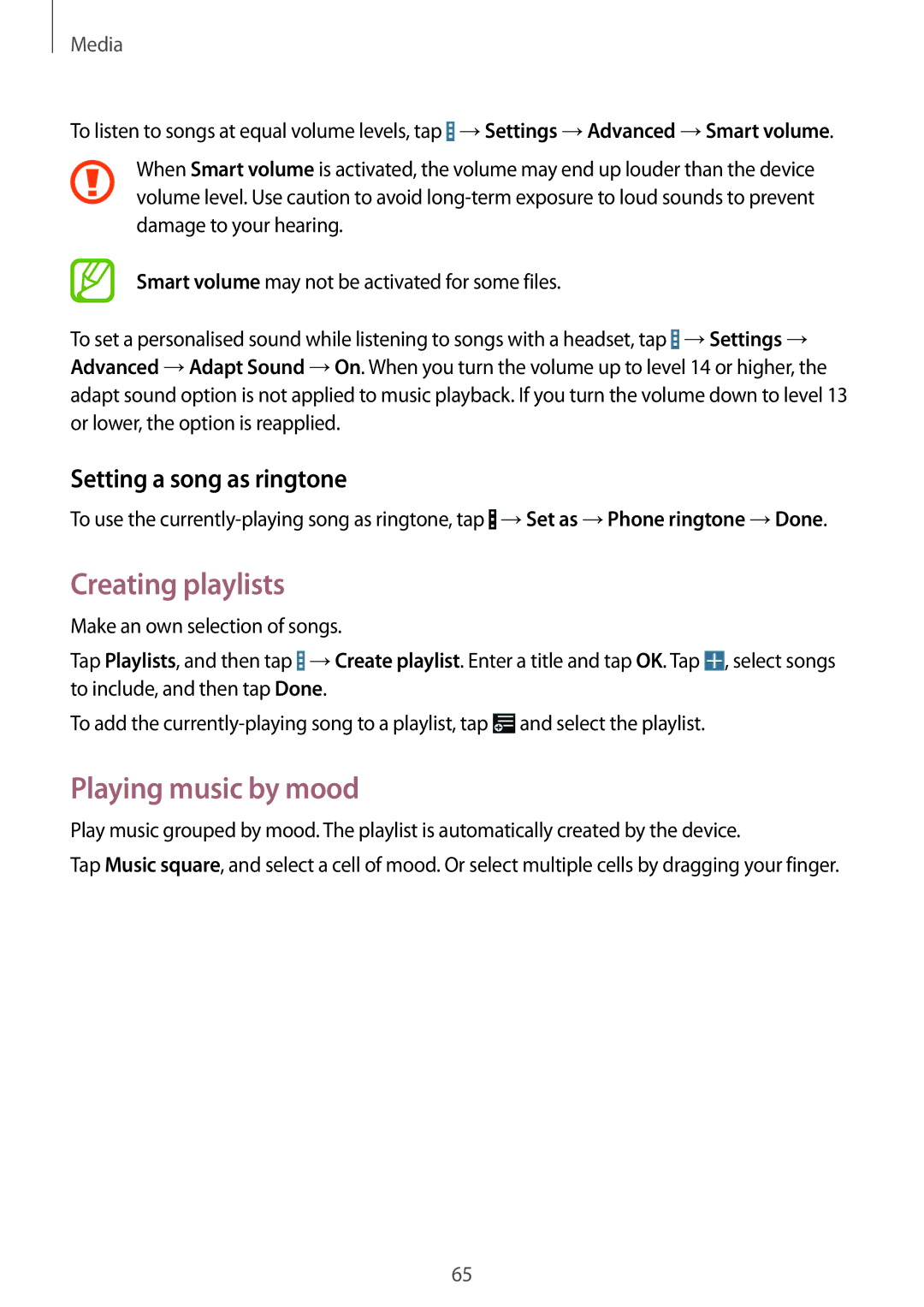 Samsung SM-T235NZWAXEH, SM-T235NZWAATO manual Creating playlists, Playing music by mood, Setting a song as ringtone 