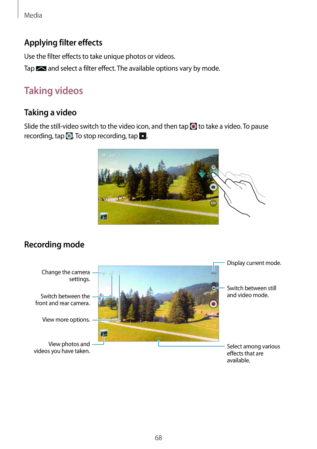 Samsung SM-T235NYKANEE, SM-T235NZWAATO manual Taking videos, Applying filter effects, Taking a video, Recording mode 