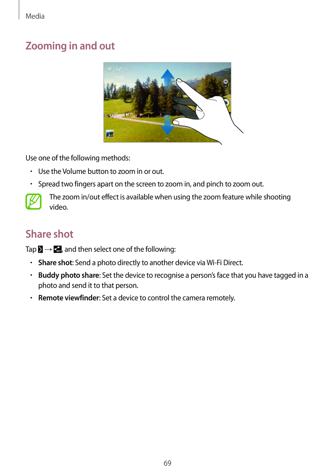 Samsung SM-T235NZWANEE, SM-T235NZWAATO, SM-T235NYKASEB, SM-T235NZWADBT, SM-T235NYKAATO manual Zooming in and out, Share shot 