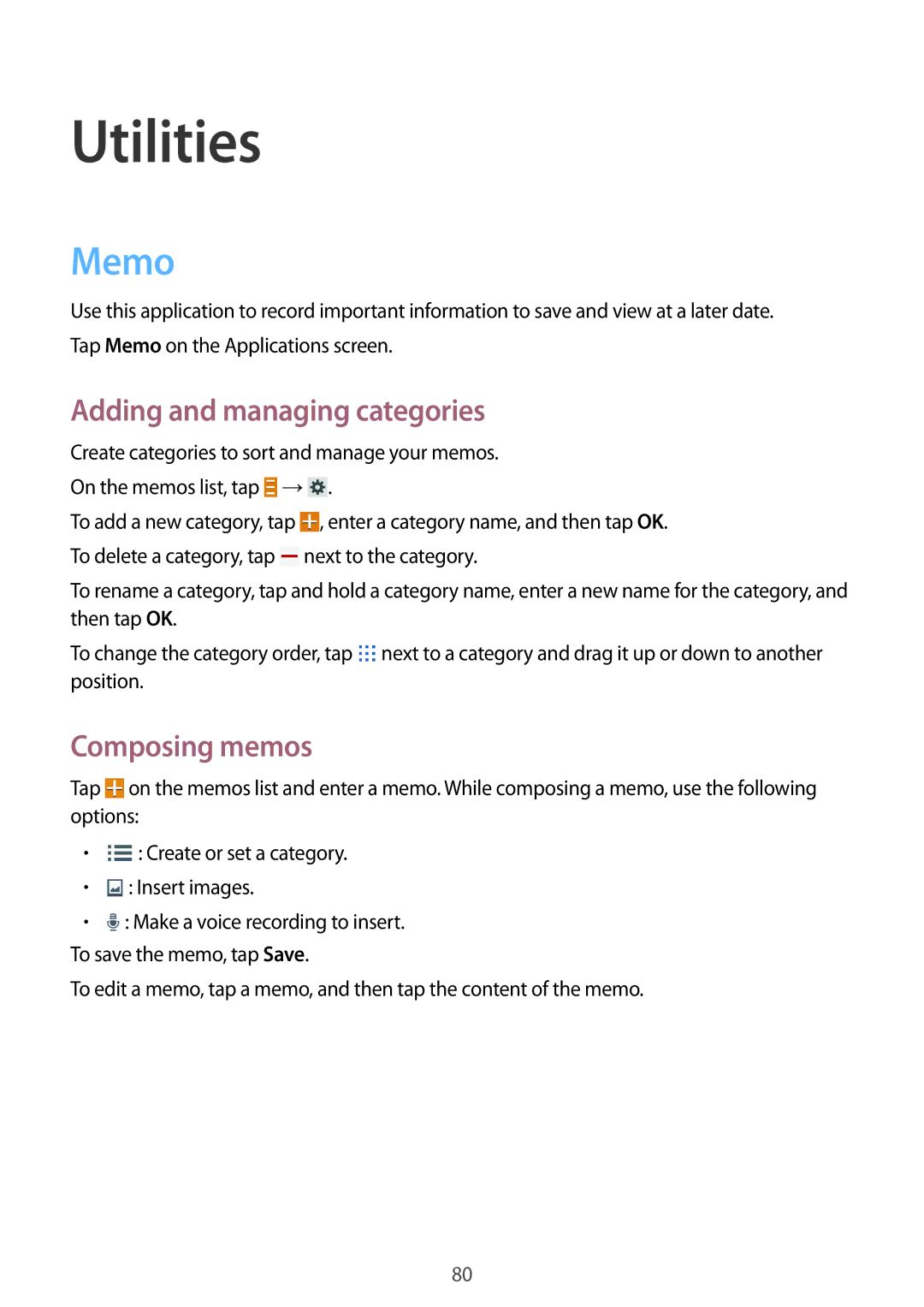 Samsung SM-T235NZWAXEO, SM-T235NZWAATO, SM-T235NYKASEB Utilities, Memo, Adding and managing categories, Composing memos 