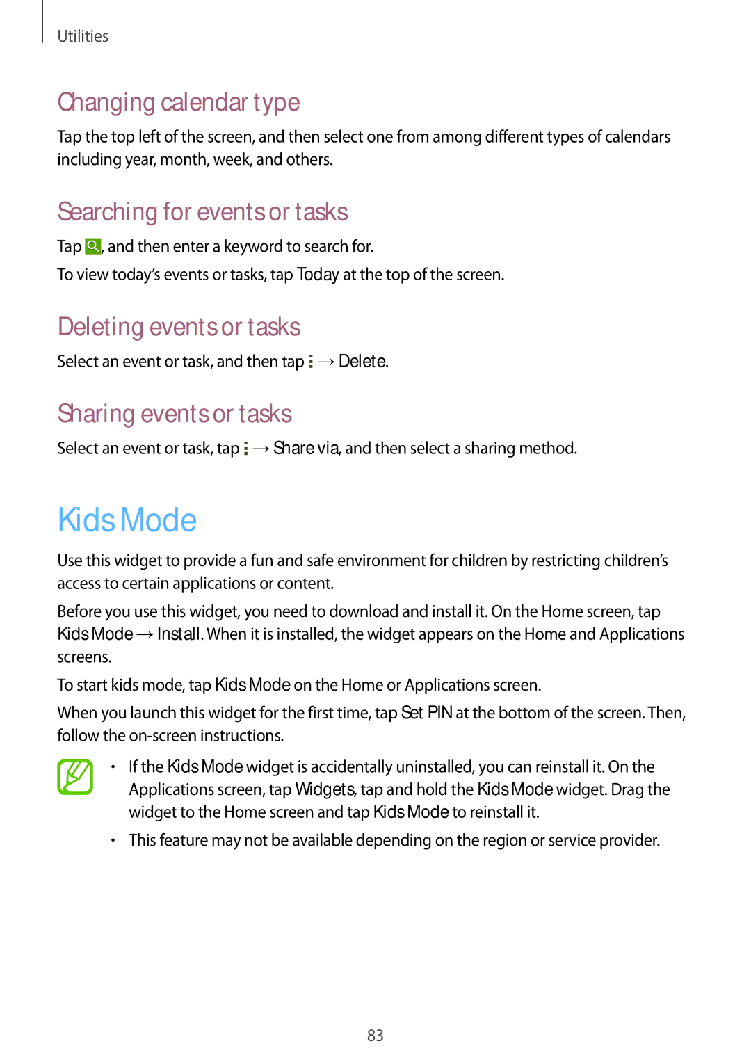 Samsung SM-T235NYKAHUI manual Kids Mode, Changing calendar type, Searching for events or tasks, Deleting events or tasks 