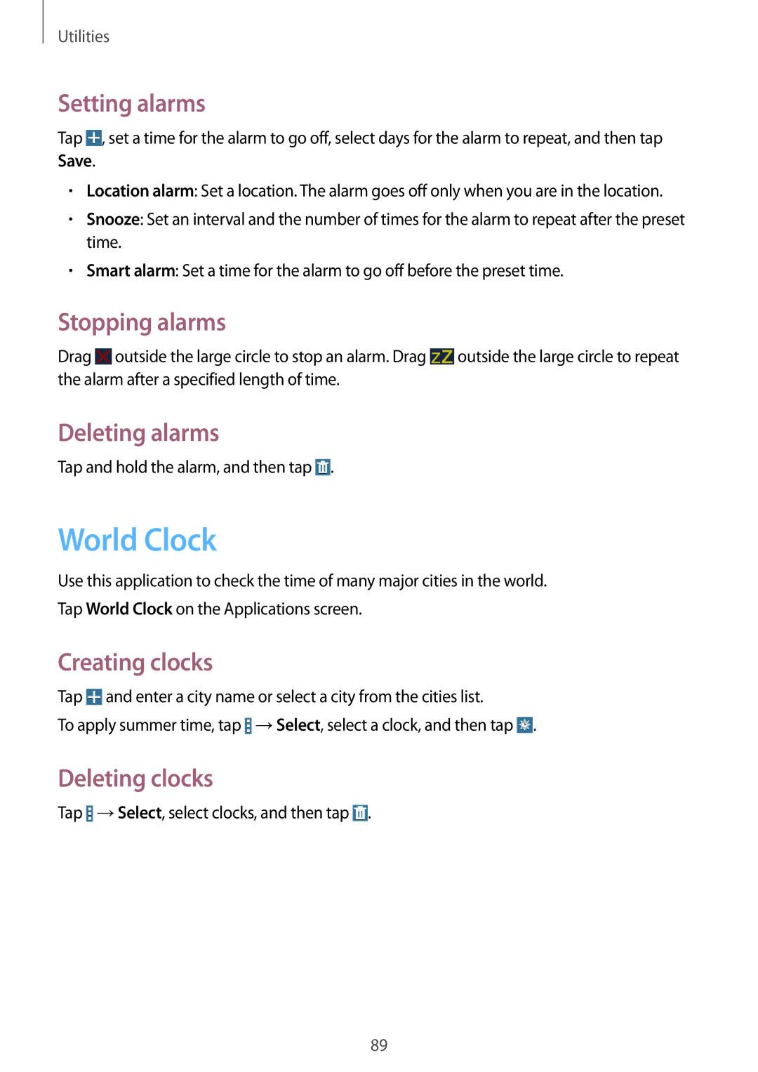 Samsung SM-T235NZWAXEH, SM-T235NZWAATO, SM-T235NYKASEB, SM-T235NZWADBT, SM-T235NYKAATO, SM-T235NYKAXEO manual World Clock 