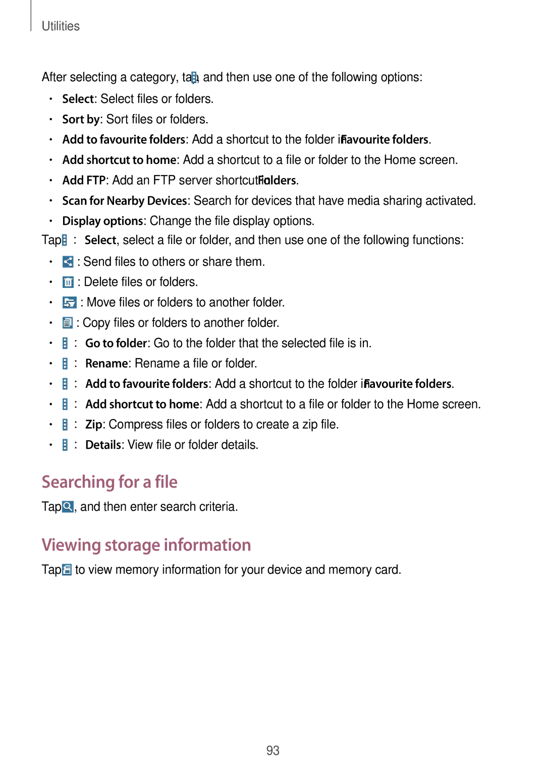 Samsung SM-T235NZWANEE, SM-T235NZWAATO, SM-T235NYKASEB, SM-T235NZWADBT Searching for a file, Viewing storage information 