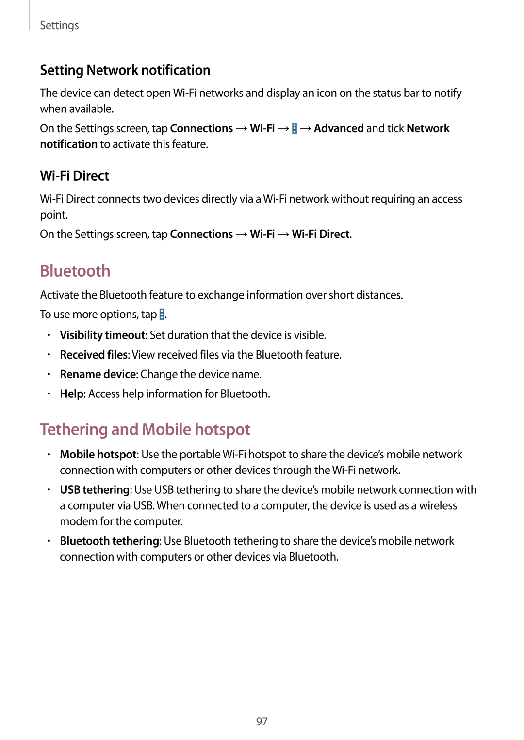 Samsung SM-T235NYKASEB, SM-T235NZWAATO Bluetooth, Tethering and Mobile hotspot, Setting Network notification, Wi-Fi Direct 