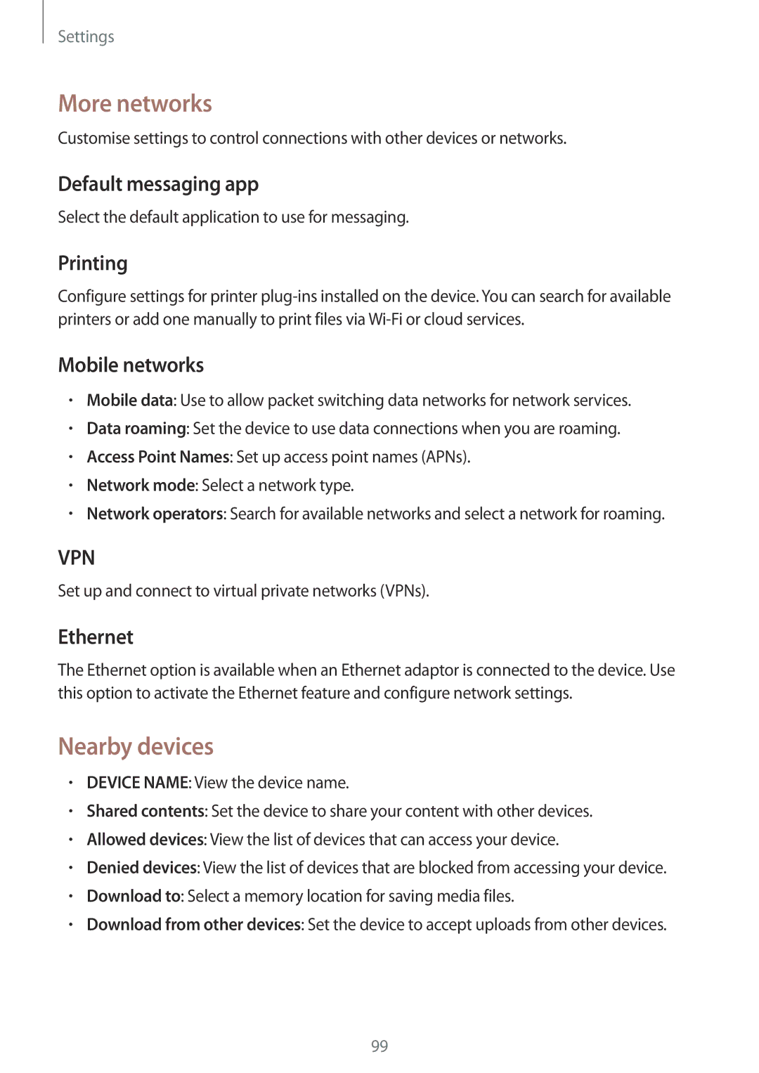 Samsung SM-T235NYKAATO, SM-T235NZWAATO, SM-T235NYKASEB, SM-T235NZWADBT, SM-T235NYKAXEO manual More networks, Nearby devices 