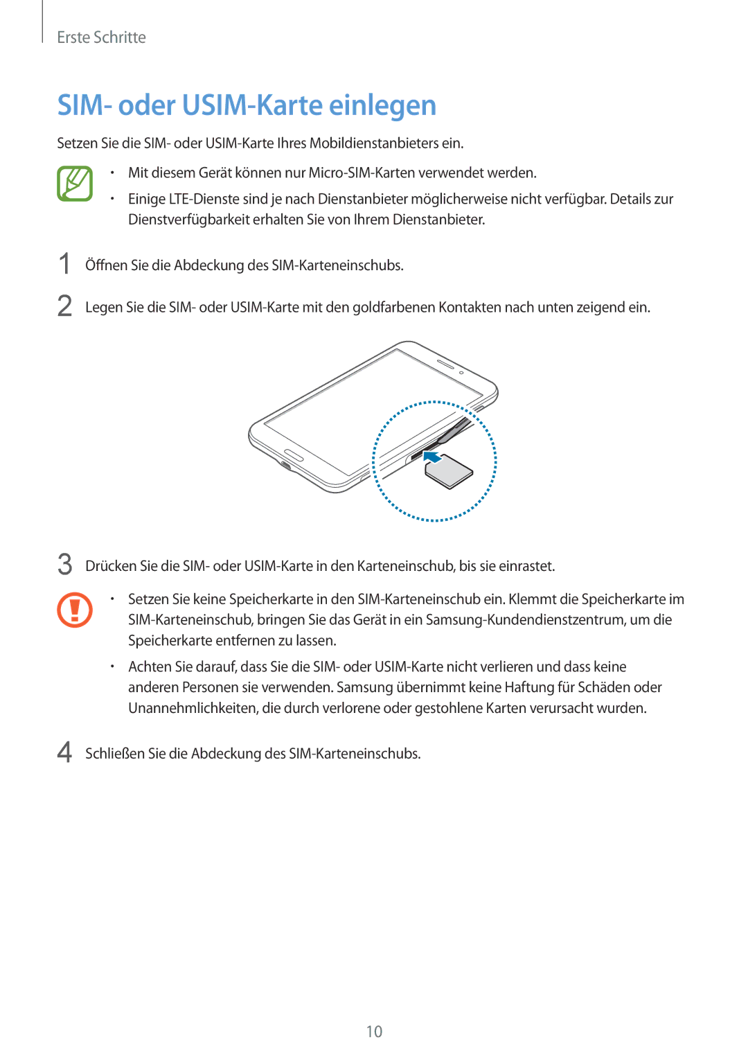 Samsung SM-T235NZWAXEF, SM-T235NZWAATO, SM-T235NYKASEB, SM-T235NZWADBT, SM-T235NYKAATO manual SIM- oder USIM-Karte einlegen 