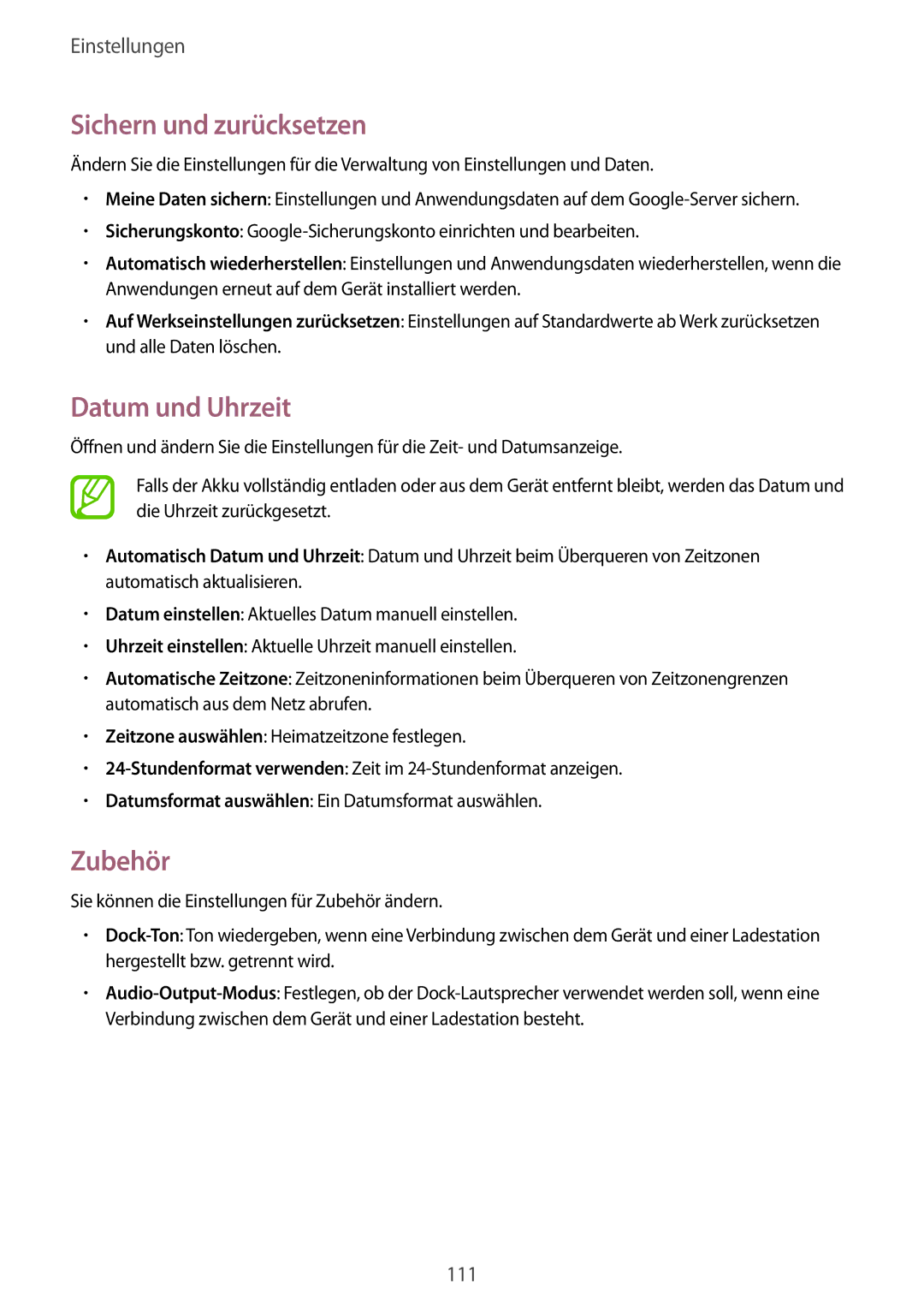 Samsung SM-T235NYKASEB, SM-T235NZWAATO, SM-T235NZWADBT, SM-T235NYKAATO Sichern und zurücksetzen, Datum und Uhrzeit, Zubehör 