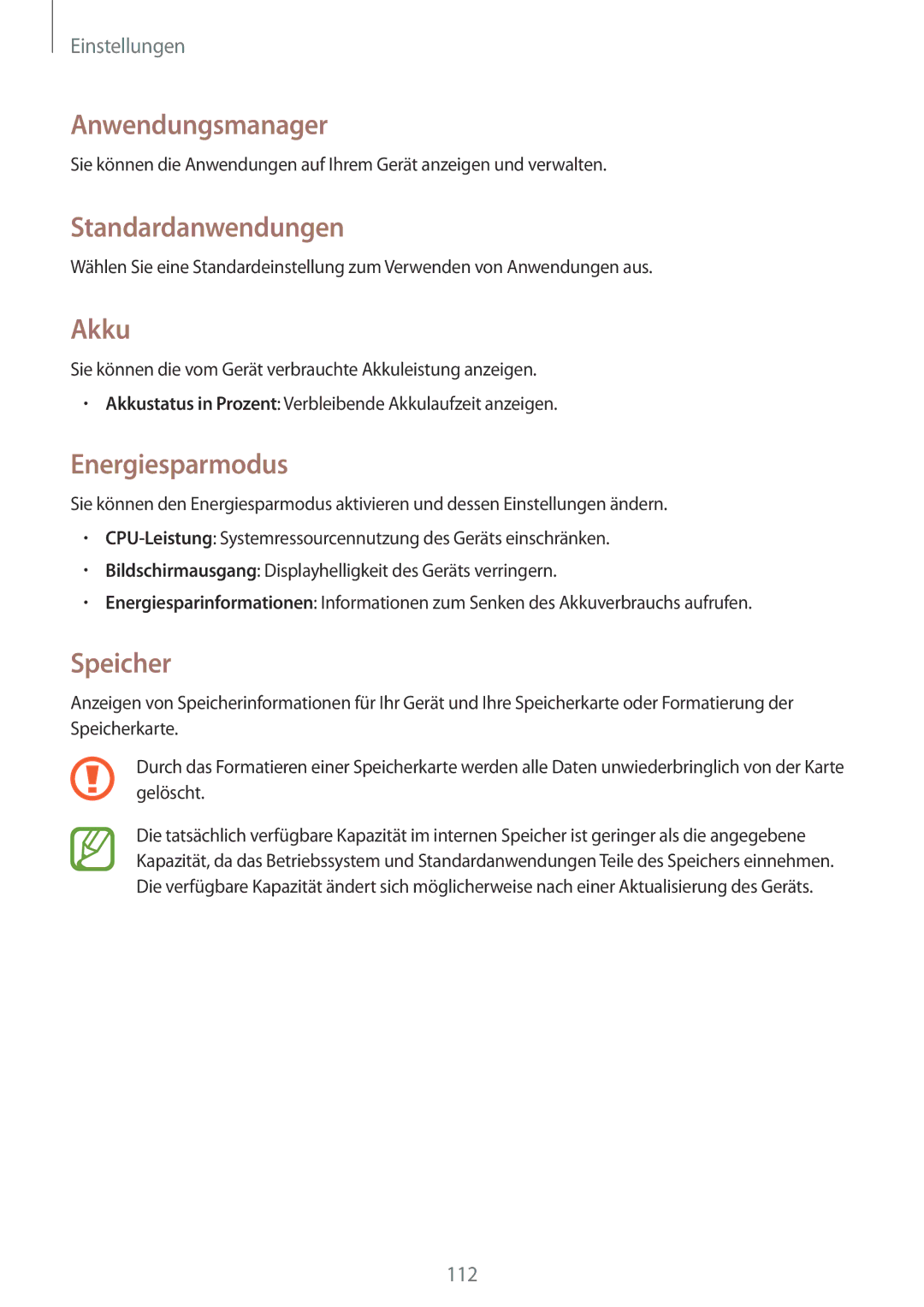 Samsung SM-T235NZWADBT, SM-T235NZWAATO manual Anwendungsmanager, Standardanwendungen, Akku, Energiesparmodus, Speicher 