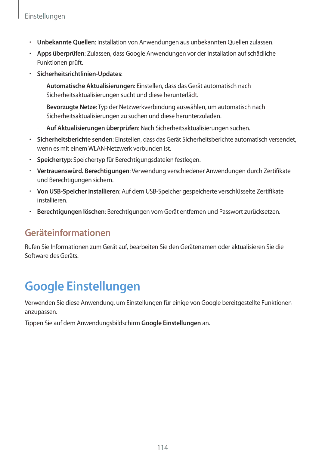 Samsung SM-T235NYKAXEO, SM-T235NZWAATO manual Google Einstellungen, Geräteinformationen, Sicherheitsrichtlinien-Updates 