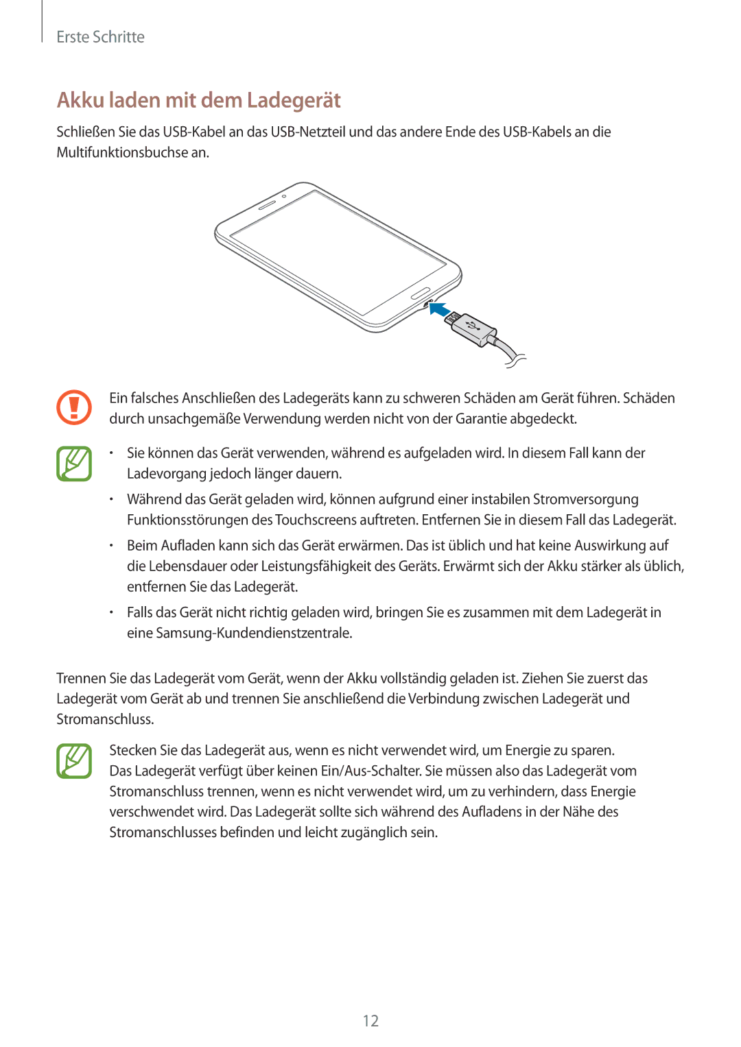 Samsung SM-T235NYKASEB, SM-T235NZWAATO, SM-T235NZWADBT, SM-T235NYKAATO, SM-T235NYKAXEO manual Akku laden mit dem Ladegerät 