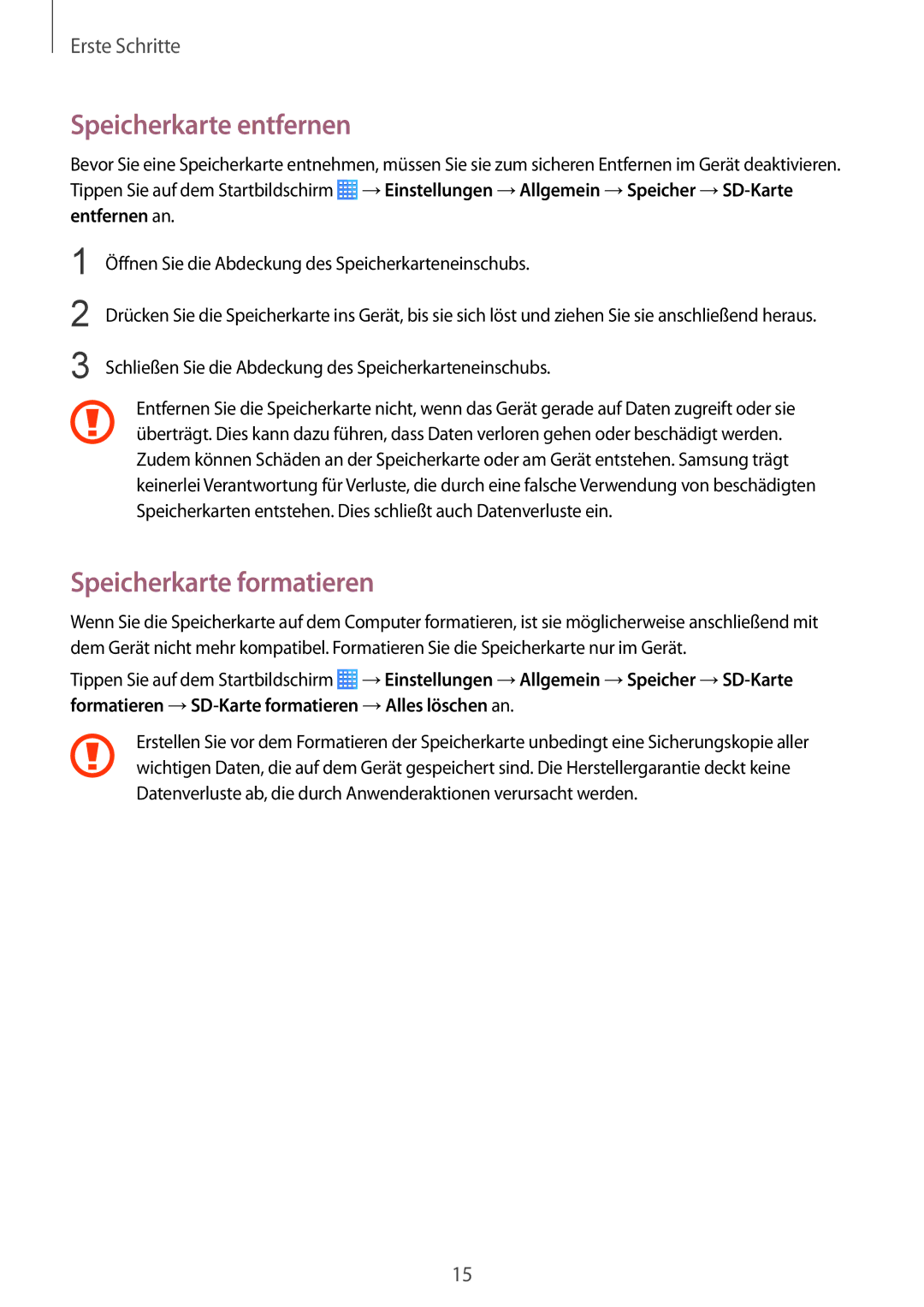 Samsung SM-T235NYKAXEO, SM-T235NZWAATO, SM-T235NYKASEB, SM-T235NZWADBT Speicherkarte entfernen, Speicherkarte formatieren 