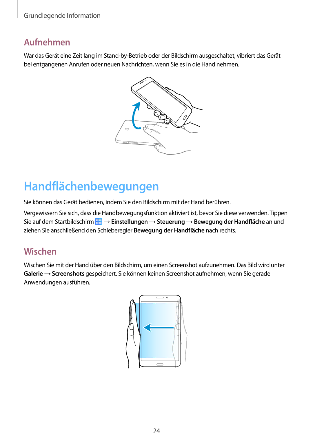 Samsung SM-T235NZWADBT, SM-T235NZWAATO, SM-T235NYKASEB, SM-T235NYKAATO manual Handflächenbewegungen, Aufnehmen, Wischen 