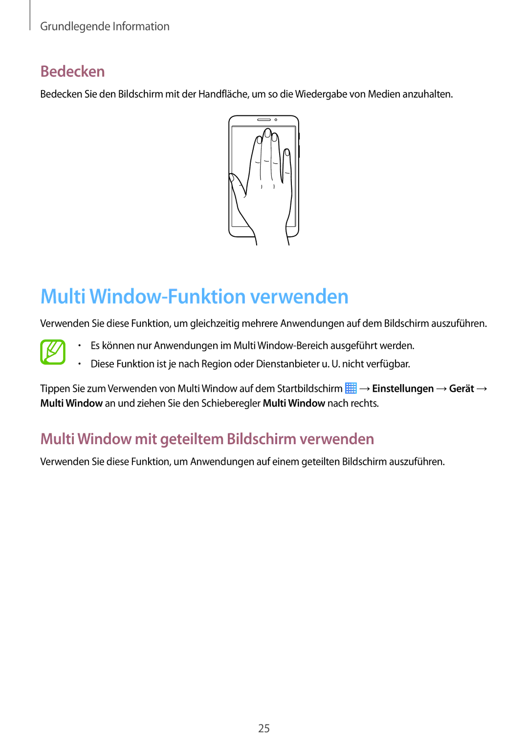 Samsung SM-T235NYKAATO manual Multi Window-Funktion verwenden, Bedecken, Multi Window mit geteiltem Bildschirm verwenden 